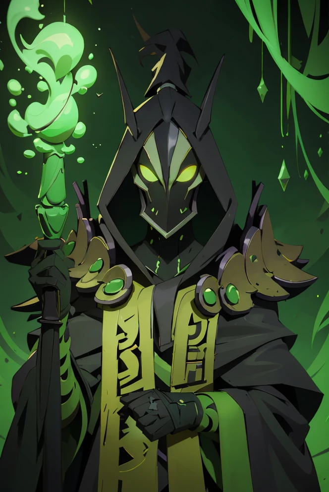 rubick, black coat, full body, glowing, green eyes, green gloves, green magic, holding staff, magic staff, robe, simple background, staff, wizard,  <lora:Rubick:1>, black and white mask, mask, high detailed, high quality, masterpiece, perfect, intricate detailes, aesthetic, Painting, intricate details, modern-style colour illustration, detailed setting, freckles, reaction frame, erotic aesthetics,