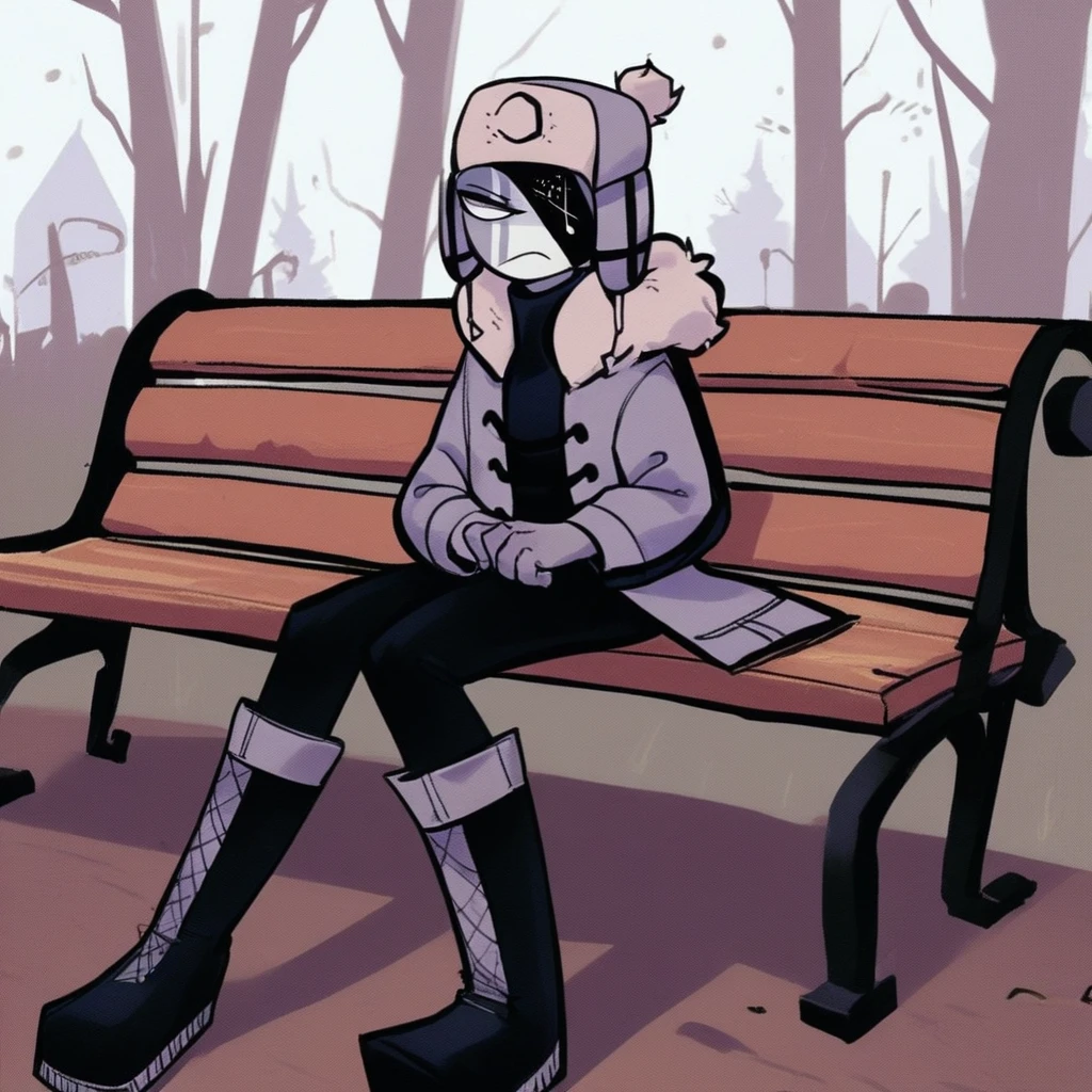 score_9, score_8_up, score_7_up, score_6_up, score_5_up, score_4_up, source_cartoon, ruv, grey skin, white skin, eyepatch, ushanka, black pants, boots, winter coat, frown, mouth closed, sitting down, bench, wooden bench, outside, sunny,