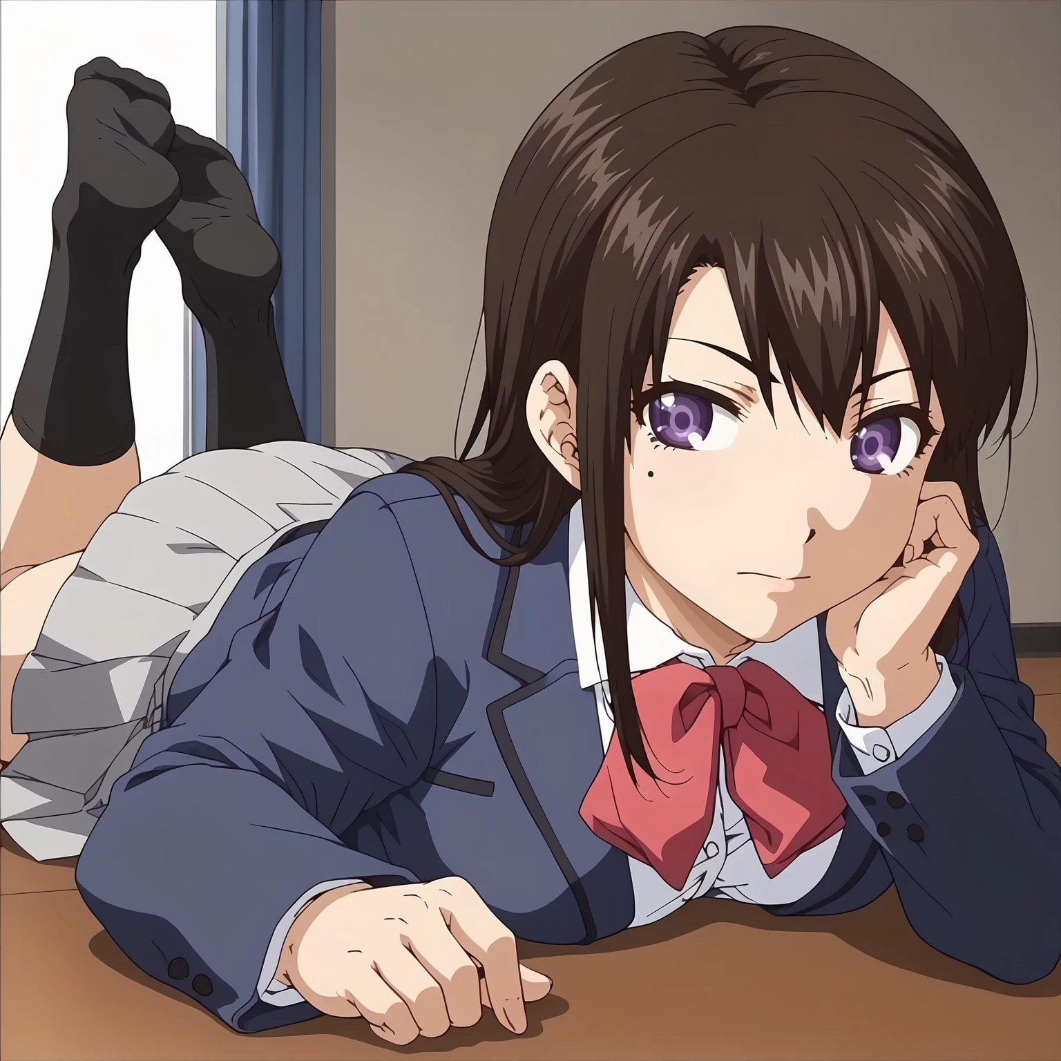 <lora:HajimeHatorishimaXLpony001>,
solo,
HajimeHatorishima,1girl,black brown hair,long hair,purple eyes,
one mole,
school_uniform,blue jacket,bowtie,
pleated_skirt,gray skirt,
black socks,
on stomach,the_pose,