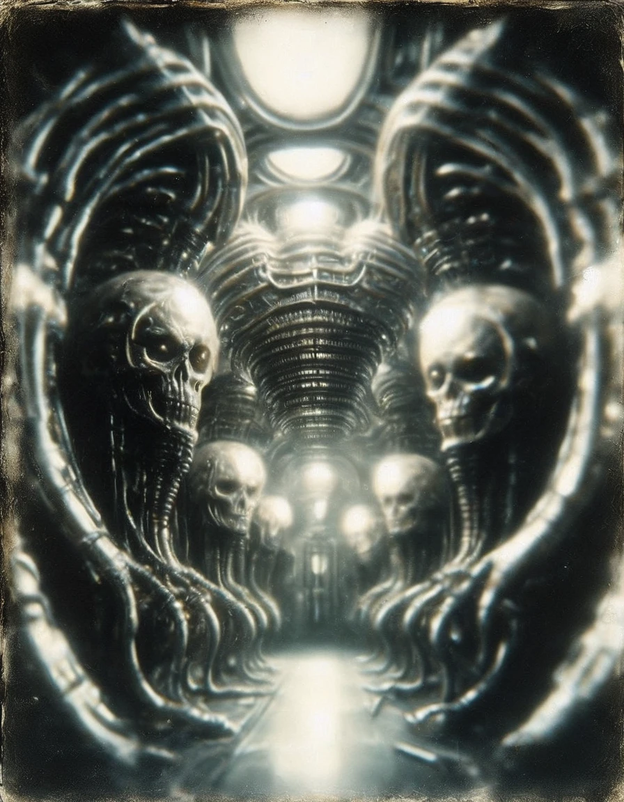 writhing biomechanical glossy console glowing panels reflective chrome and inscrutable endless side paths and watchful eyes in the walls surreal twisted horror by H. R. Giger