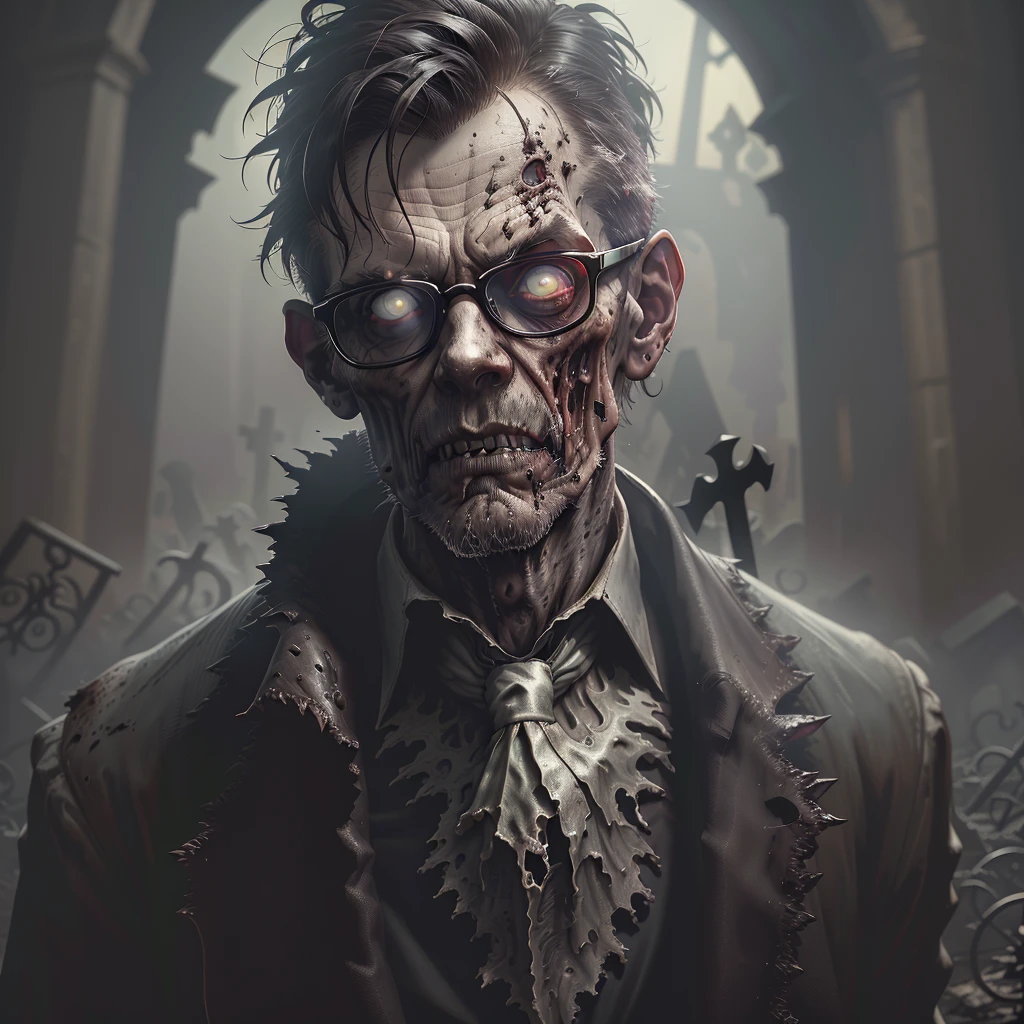 splash art, an undead nerdy man wearing broken glasses in a gothic graveyard, moaning, soiled clothing, decomposed <lora:ZsTheUndead2:0.8>, imaginitive, extremely detailed perfectly centered concept art,Quad Full HD (QFHD), HDR, sharp focus, Background light, in the style of J.C. Leyendecker, Vitaly S. Alexius and Norman Rockwell artstyle