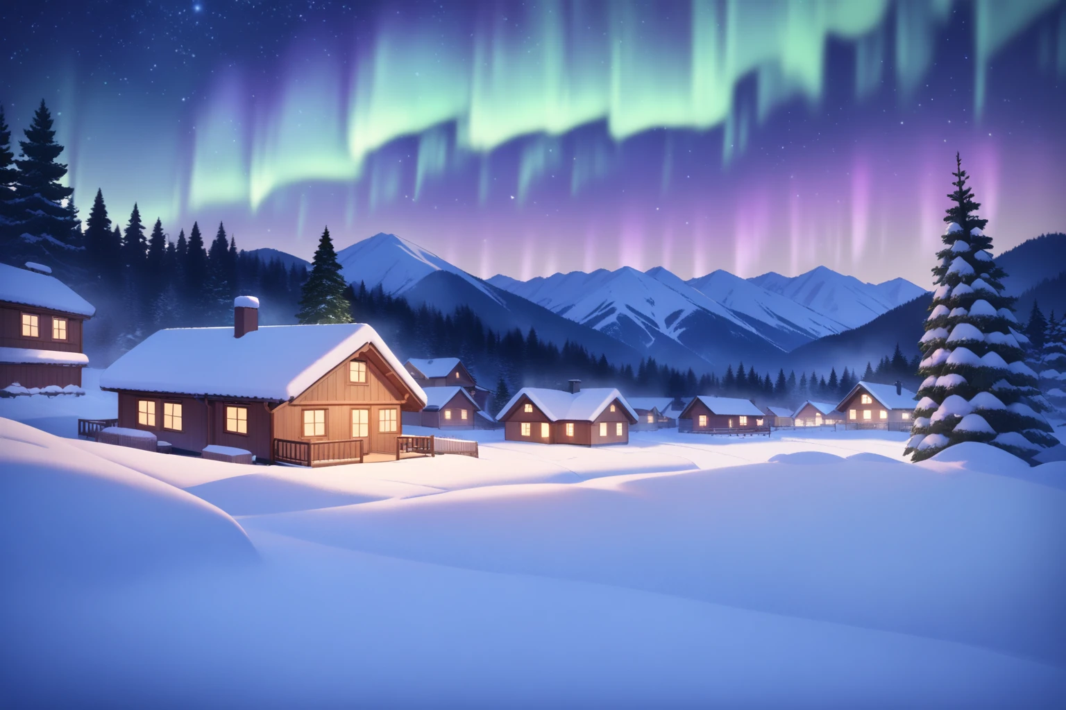 snow, scenery, outdoors, house, sky, mountain, star \(sky\), no humans, night, starry sky, tree, night sky, winter, nature, pine tree, building, forest, mountainous horizon, village, aurora, masterpiece, best quality, very aesthetic, absurdres,