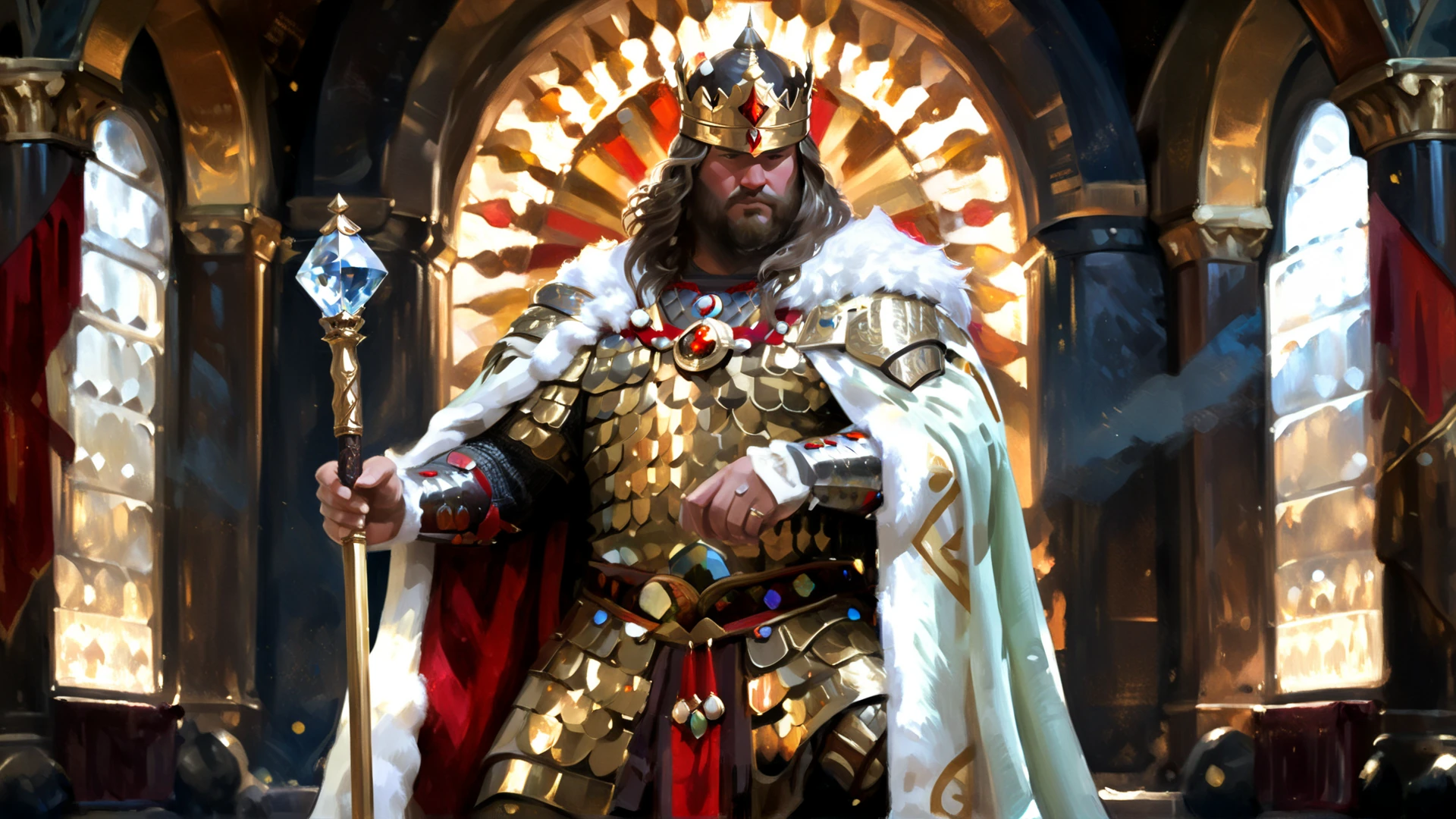 <lora:OilPaint SDXL (style by nty):0.9> ((style by nty)) <lora:Scale_Armor-000008:0.9> ((((1boy, perfect bulky epic majestic hulking huge muscular tall male king, wearing crystal fully body scale armor sitting in his throne room, lit from above, light rays, armor shimmering with magic, wearing a massive crystal crown, piercing golden eyes, scales, SCLARMR, huge body, sitting on his massive crystal throne, imposing, holding a massive scepter, wearing a majestic fur cape, fantasy art, lamellar armor, full body, masterpiece, masterful oil grunge painting, best quality, very aesthetic, absurdres art, beaming with power and intense vigor)))), action pose, looking at viewer, tilted, bokeh, depth of field, selfie, daytime, exotic, looking into the camera, fujifilm, bokeh, f/8.0, full body, bokeh, ((((backlit, cozy dim light, Low saturation color, vintage, grunge, top light, masterful painting in the style of Anders Zorn | Marco Mazzoni | Yuri Ivanovich, Todd McFarlane, Aleksi Briclot, oil on canvas)))) <lora:more_details:0.8> <lora:detailed_notrigger:0.3> <lora:edgEasternFantasyCouture:0.8> <lora:Medieval knights:0.5> <lora:DETAIL_SLIDER_BY_STABLE_YOGI:0.5> <lora:xl_more_art-full-beta2:0.8>