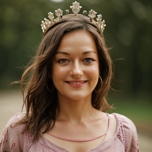 1girl, woman, ann_gir, portrait, focus on face, solo, smile, looking at the viewer, queen, crown, outdoor background, blurry background, <lora:Anne_Girouard_-_Guenièvre_Kaamelott:1>