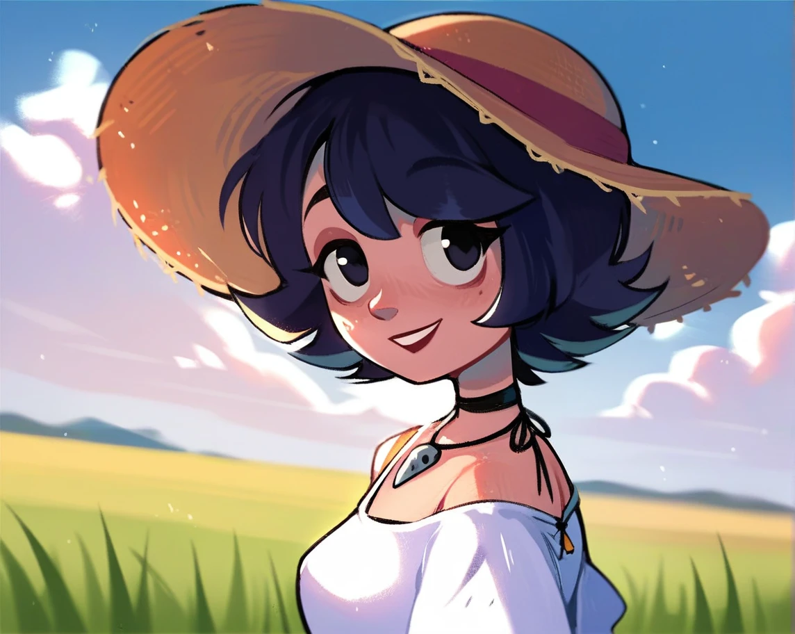 score_8, score_9, source_cartoon, celshaded, rating_questionable, wide angle, 1girl out on the fields,
, anapij, 1girl, short black hair, black eyes, small breasts, summer hat, summer white dress, choker, necklace, looking back at viewer, smile, parted lips, outdoors, summer day, grass fields, depth of field, blue skies, clouds, windy day,