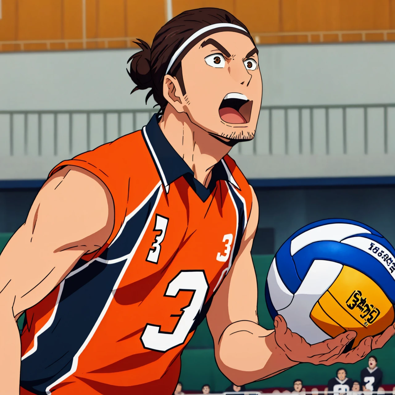 1man, solo, volleyball, asahi azumane, the anime haikyu, brown long headbanded hair, volleyball uniform, number 3, digit three, orange black uniform colors,  open mouth, scream,
masterpiece, best quality, epic, active pose,
<lora:Asahi_Azumane_Haikyu_V01:0.65>,   <lora:concept_aquascreaming:0.4> , <lora:crazyExpressions_crazyExpressions:0.4>