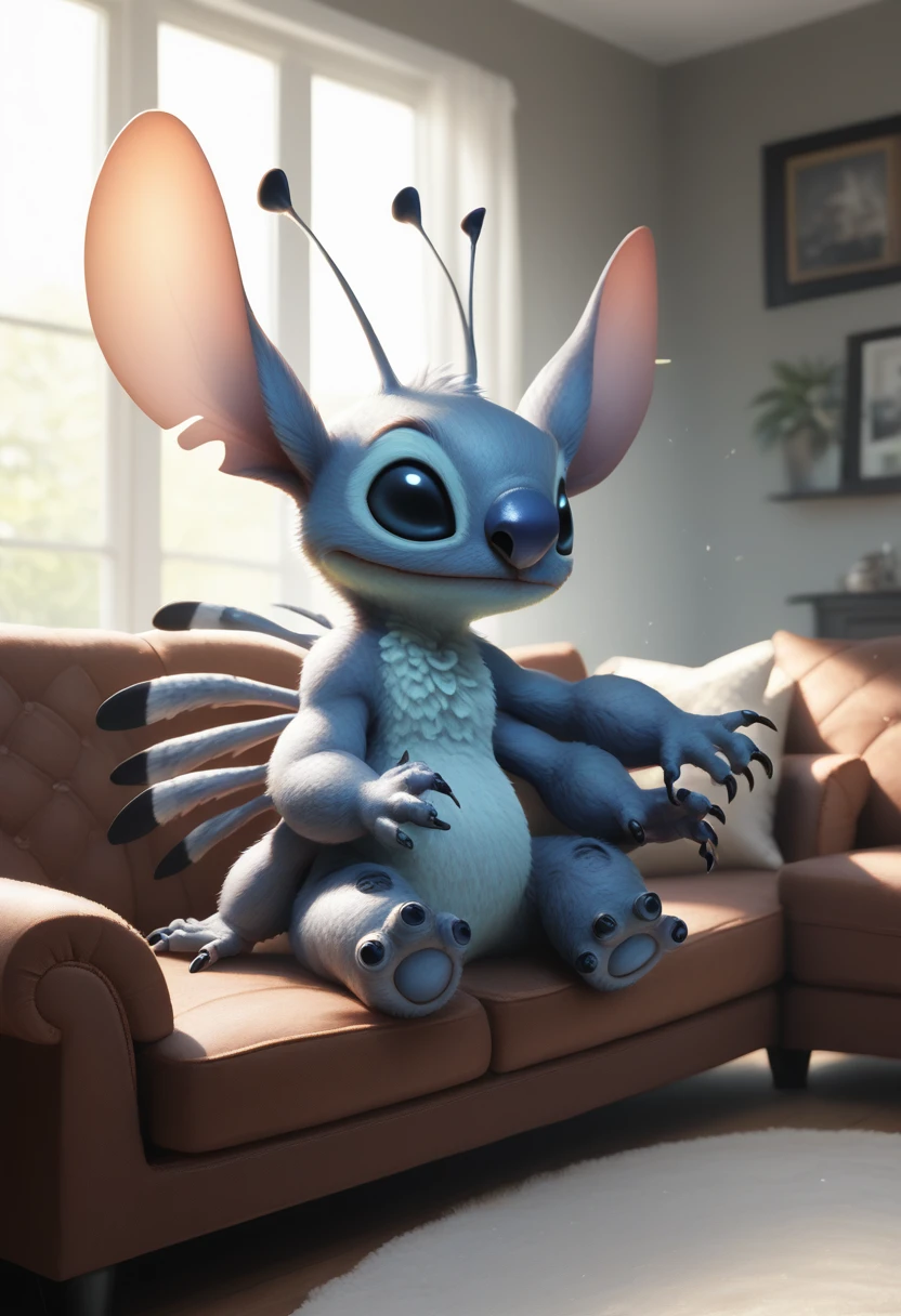 score_9, score_8_up, score_8, <lora:Experiment_626_aka_Stitch_Lilo_and_Stitch_for_PonyXL:0.8> 1boy, st1tch, black eyes, furry, sitting on couch, living room, window, detailed background, 4 arms, antennae, quills,