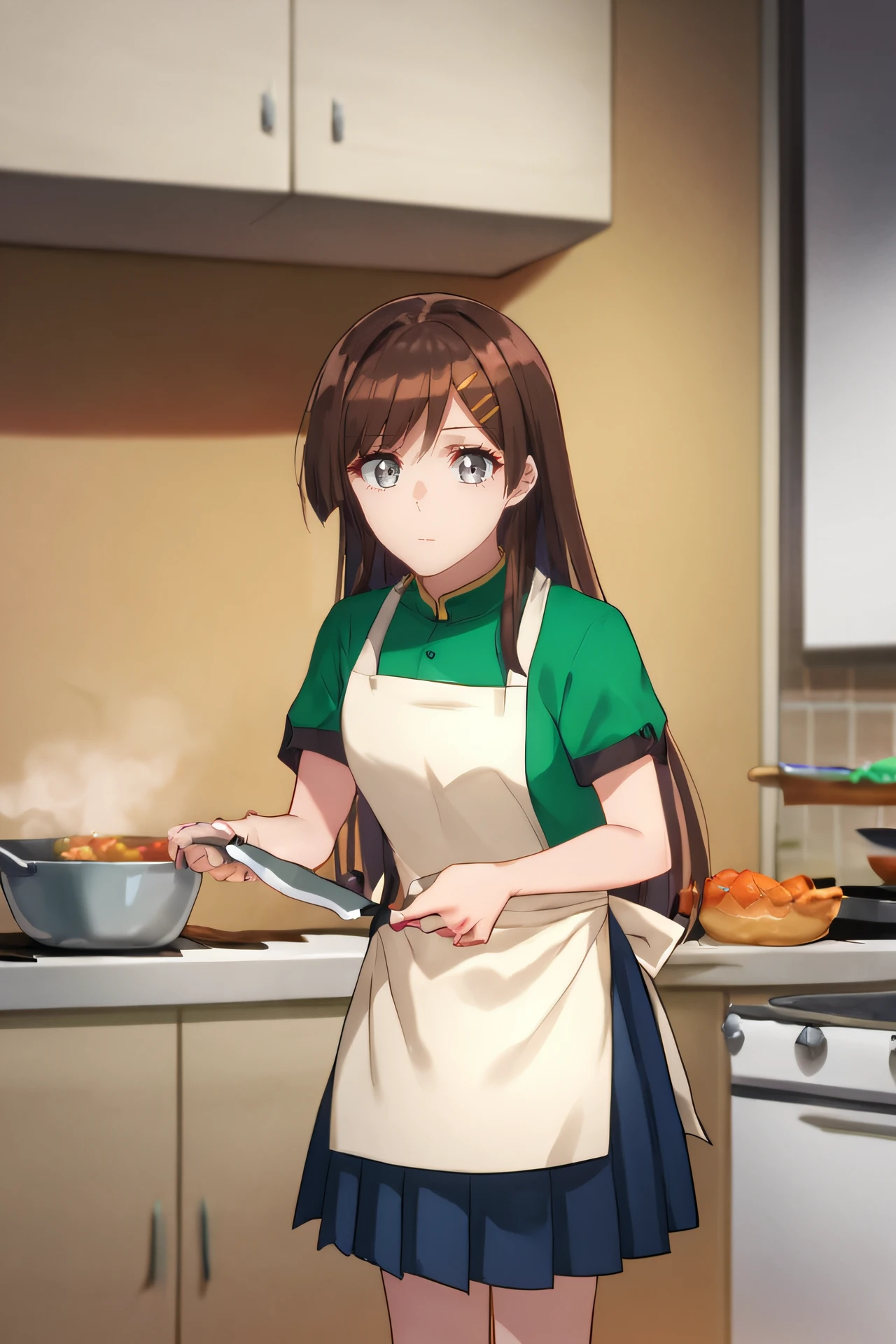 score_9, score_8_up, score_7_up, source_anime,
hibiki, 1girl, solo, long hair, looking at viewer, brown hair, hair ornament, hairclip, grey eyes, short sleeves, green shirt, pleated skirt, apron, white apron, 
indoors, kitchen, holding, knife, kitchen knife, cooking, 
<lora:hibiki-10:1>