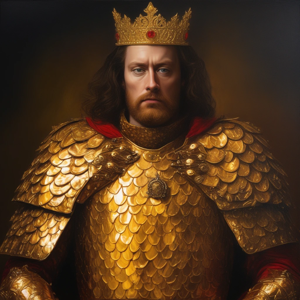 Masterpiece Oil painting of a great king wearing majestic golden SCLARMR, upper body, golden scale armor, golden shoulder armor, golden body armor, golden tassets, golden vambraces, red cape, golden crown, grunge art