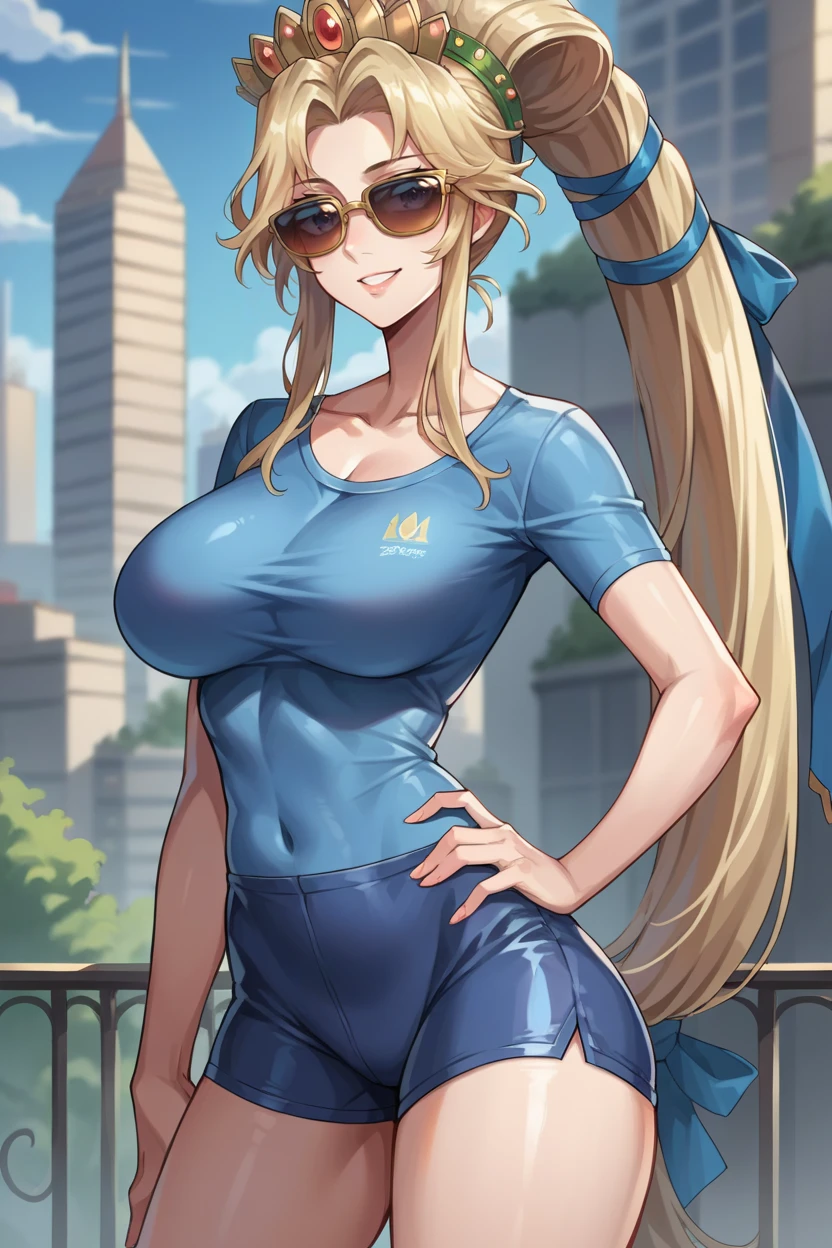 score_9, score_8_up, score_7_up, score_6_up, source_anime, 1girl, solo,  <lora:fenyna-pdxl-nvwls-v1-000005:1> fenyna, blonde hair, long ponytail, hair ribbon, crown, large breasts, blue t-shirt, collarbone, sunglasses, spandex shorts, tight clothes, shiny skin, hand on hip, looking at you, smile, city