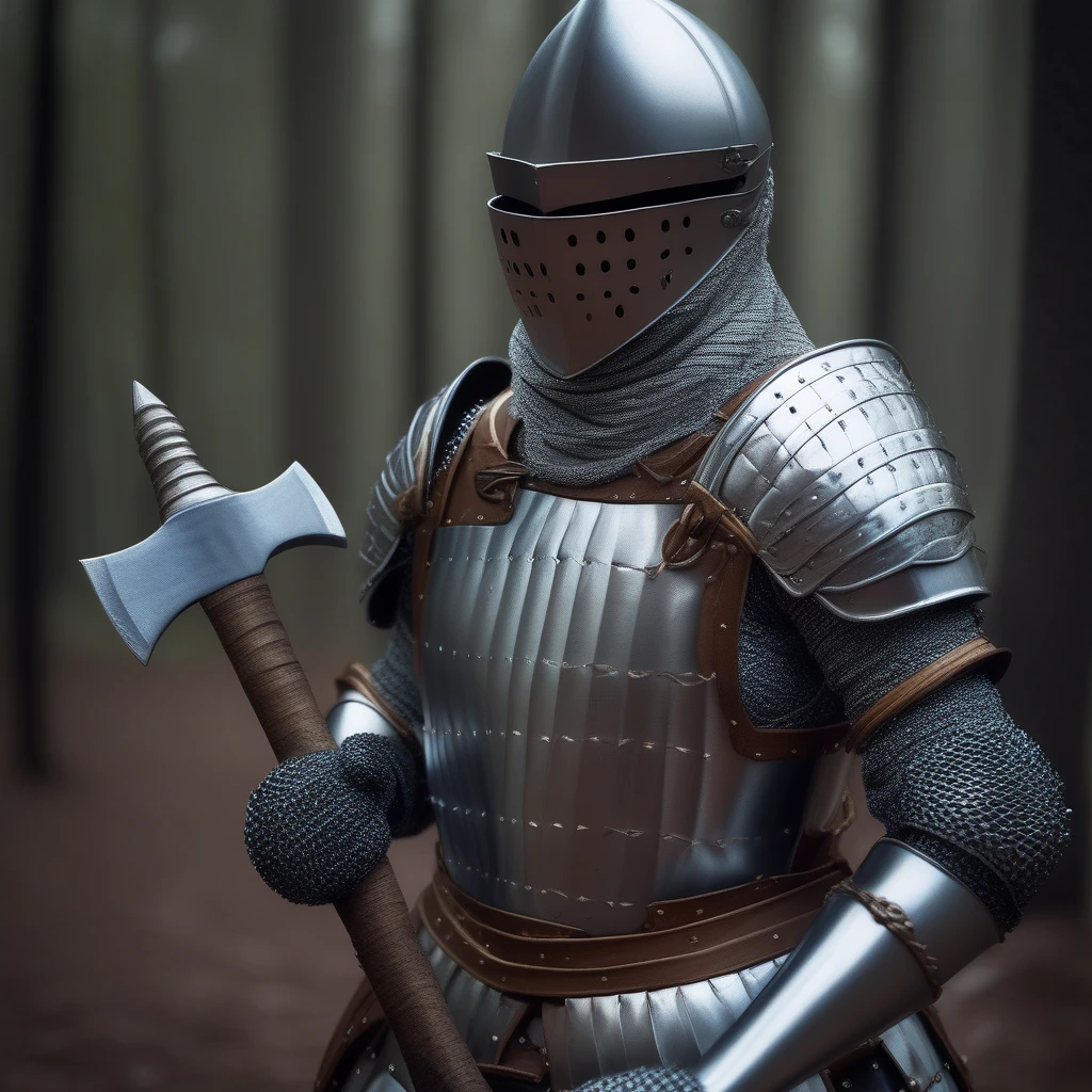 Masterpiece close up photo of a female knight in SCLARMR, scale armor, holding an axe, forest background, realistic