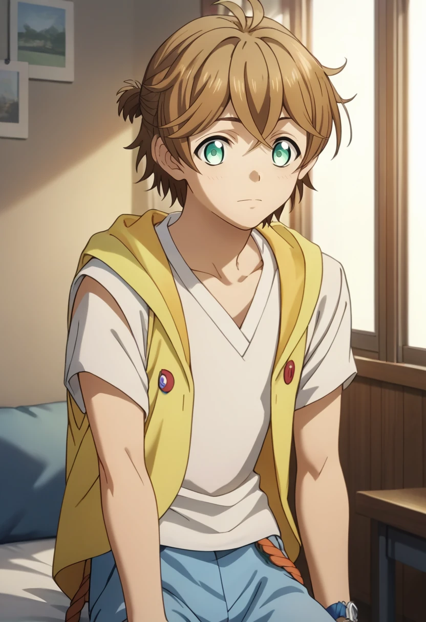 score_9, score_8_up, score_7_up, score_6_up, detailed, ,source_anime, male focus
Rio Hojo, brown hair, green eyes, yellow hood, white shirt, blue shorts, source_<lora:EMS-404686-EMS:1.000000>