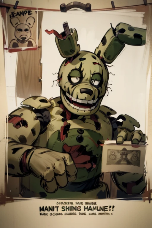 <lora:springtrap-10:1> springtrap, wanted poster, grin, evil grin, half closed eyes, insane face, paper, poster, wooden background, face on paper, wanted text, masterpiece, best quality