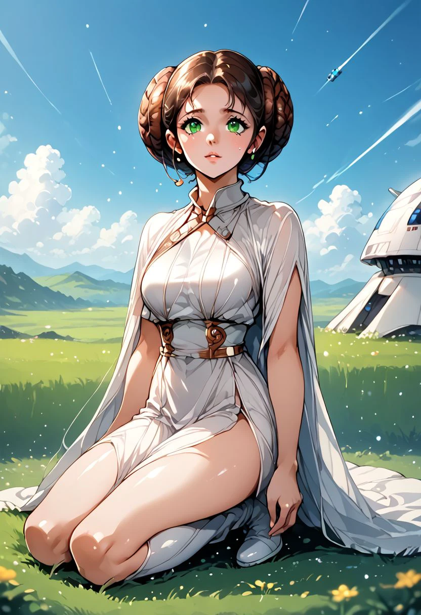 source_anime, ((score_9)),score_8_up,score_7_up,score_6_up,score_5_up,score_4_up, rating_PG-13, masterpiece, absurdres, BREAK, 1woman, Princess Leia, green eyes, princess_leia_organa_solo, short hair, hair bun, white dress, white clothing, side_slit, white boots, bare legs, Princess_Leia_Organa  outdoors, grassy, blue sky, science_fiction, depth of field, light particles,