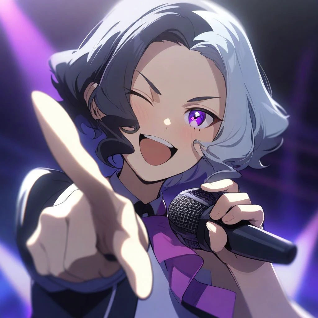 masterpiece, best quality, aesthetic, high quality, solo, 1boy, male focus, short hair, white hair, black hair, two-tone hair, multicolored hair, purple eyes, one eye closed, smile, open mouth, idol, idol clothes, pointing, pointing at viewer, microphone,holding, holding microphone,