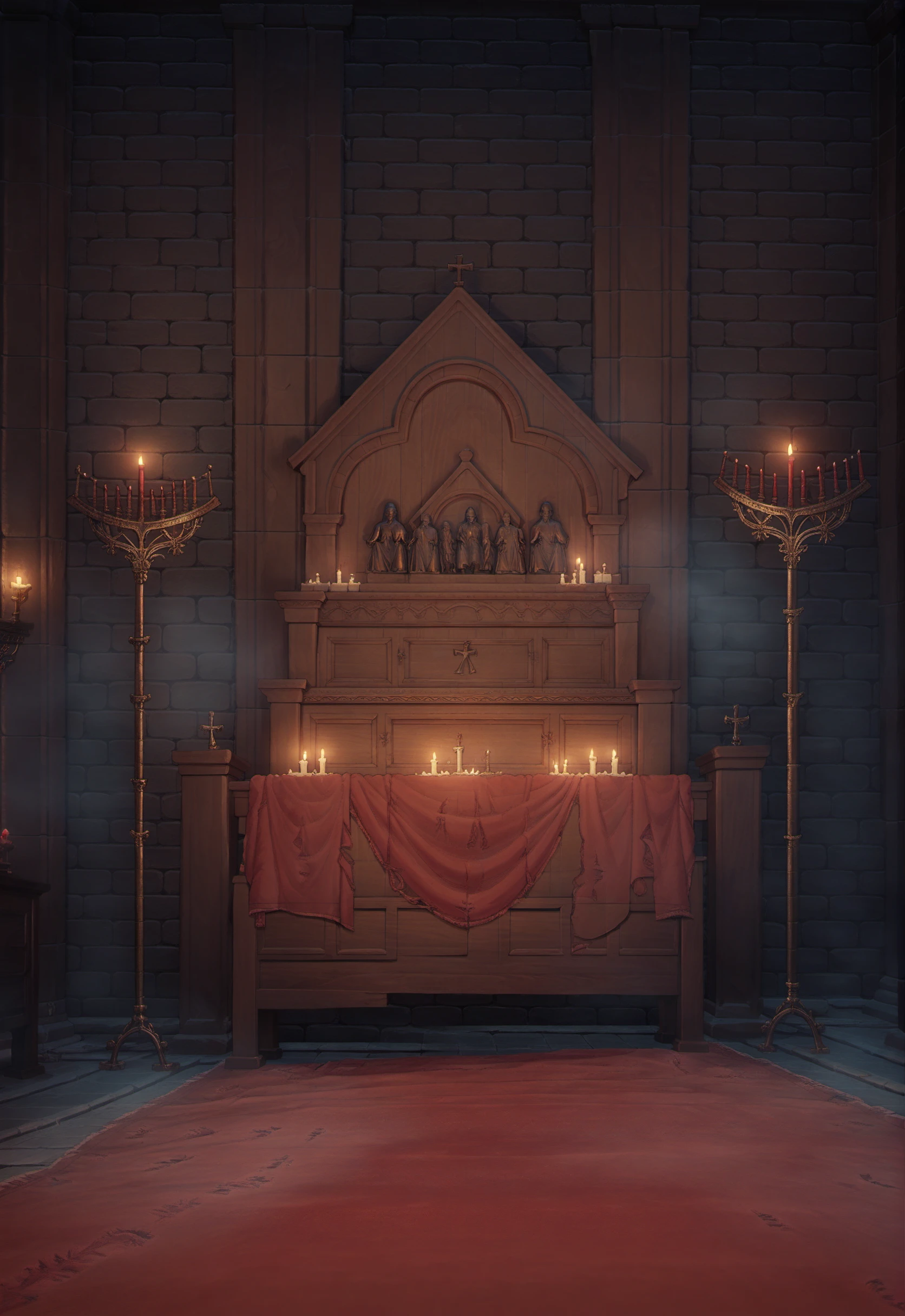 score_9, score_8_up, score_7_up, score_6_up, source anime
BREAK
CotDeep, indoors, church, altar, fog, candlelight, candle, red candle, candlestand, candle stand, statue, stairs, red carpet, ornamented wall, stone floor, dark, wooden bench, church interior, architecture, scenery, wide shot, chest, no humans  <lora:[Dark Souls III] Cathedral of the Deep Style Background_epoch_11:0.7>