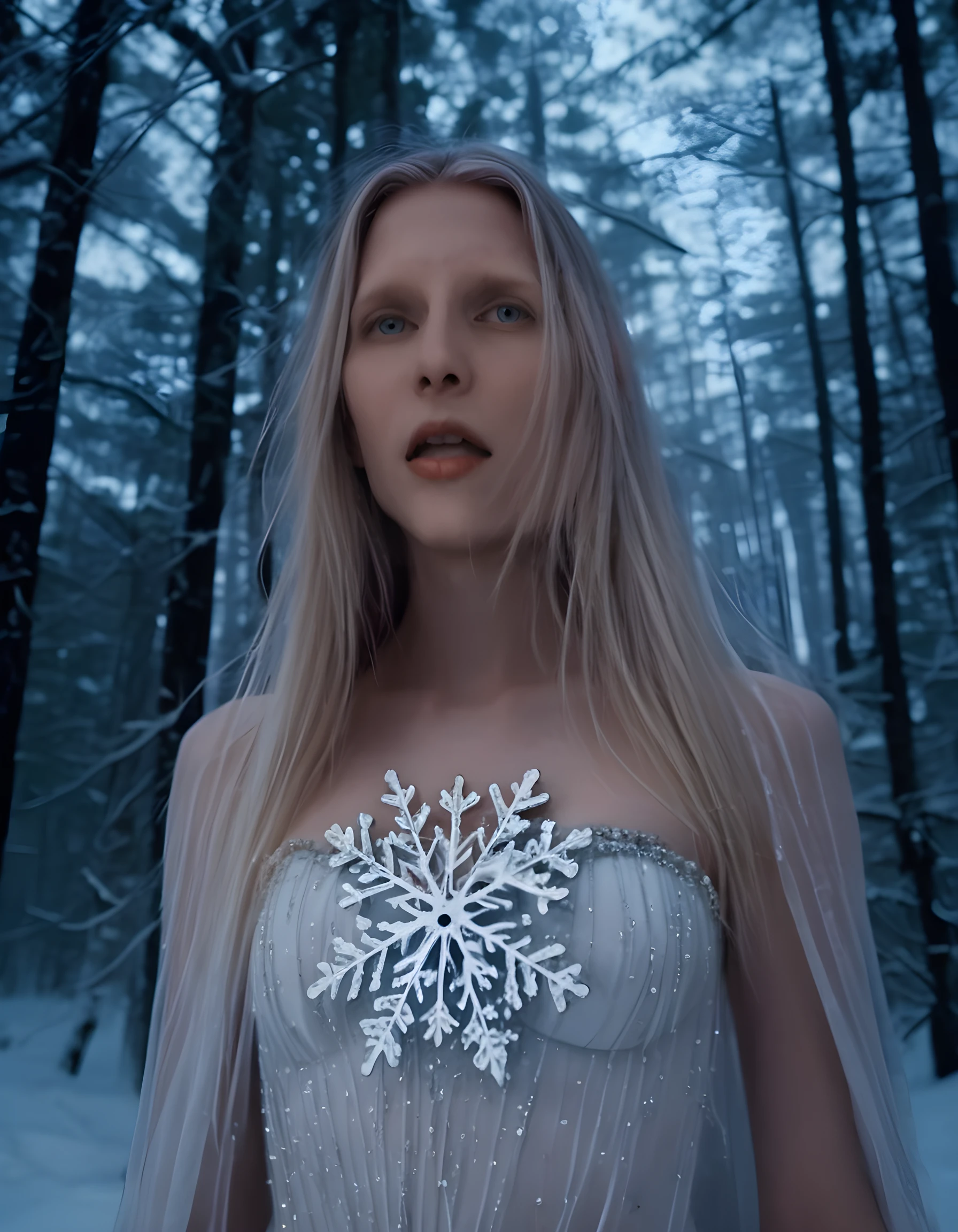 In a hauntingly ethereal tableau, the enigmatic 4UR0R4 stands poised against the backdrop of a desolate, snow-covered forest at twilight. The camera is angled low from below, creating an almost god-like perspective that accentuates her regal stature. Draped in a pristine, floor-length white dress adorned with intricate silver threads and crystals that shimmer ominously under the fading light, she presents a striking contrast to the bleak surroundings. Her long, cascading blonde hair, partially obscuring one piercing ice-blue eye, flows like liquid silk around her delicate features. The closed mouth and steady gaze project an air of silent strength, as if she is holding onto a secret that only the wind can hear. The soft, diffused light filters through the dense canopy above, casting eerie shadows across her face and emphasizing the paleness of her skin. A single, solitary snowflake rests on the tip of her nose, adding a touch of fragility to her otherwise imposing presence. This haunting portrait captures the essence of an otherworldly queen lost in a wintery wilderness, her beauty both alluring and haunting, leaving the viewer questioning the nature of her existence and purpose.