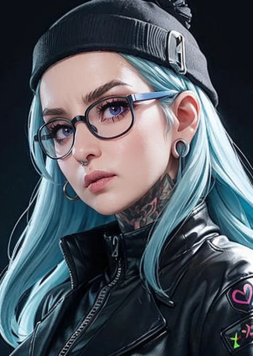 <lora:TatiBy_Del.v1:0.7> Cute female cyberpunk hacker with blue colored glasses, in a jacket with a Beanie long grey hair half teeshirt ripped jeanscyberpunk 2077 poster art