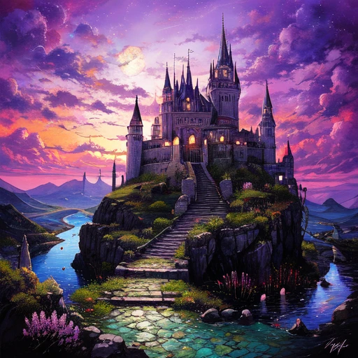 Fantastic Night Landscape, A Castle in the Background, Emerald Sky, Emerald Colors palette, pastel colors,   <lora:ArsMJStyle:0.8>