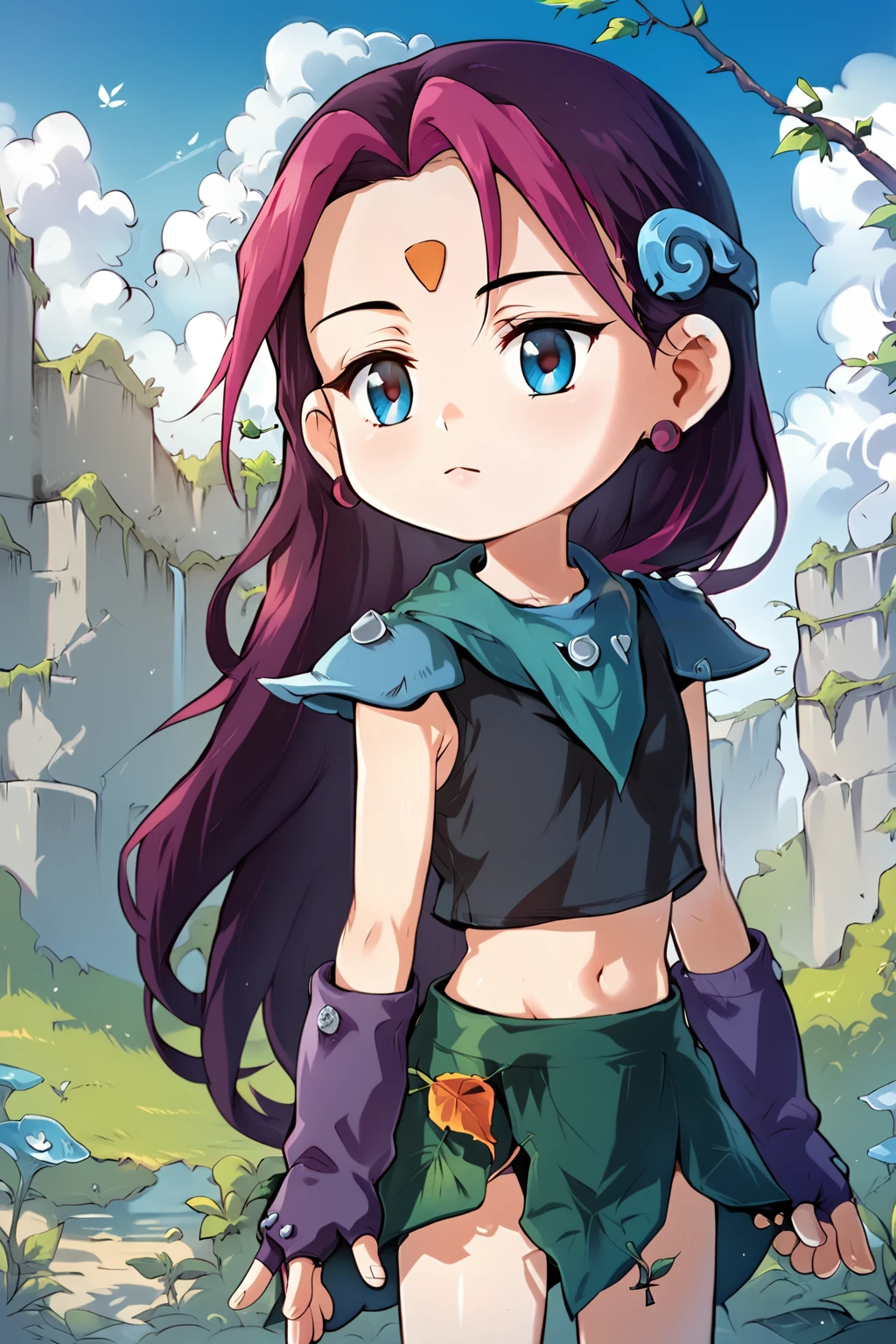 score_9, score_8_up, score_7_up, score_6_up, score_5_up, score_4_up, source_anime, cowboy shot, solo, outdoors, ea, chibi, purple hair, two-tone hair, long hair, hair ornament, forehead mark, blue eyes, jewelry, earrings, neckerchief, shoulder armor, black shirts, sleeveless, midriff, fingerless gloves, leaf skirt, <lora:Eapony:0.85>, <lora:Concept Art Eclipse Style LoRA_Pony XL v6:0.6>