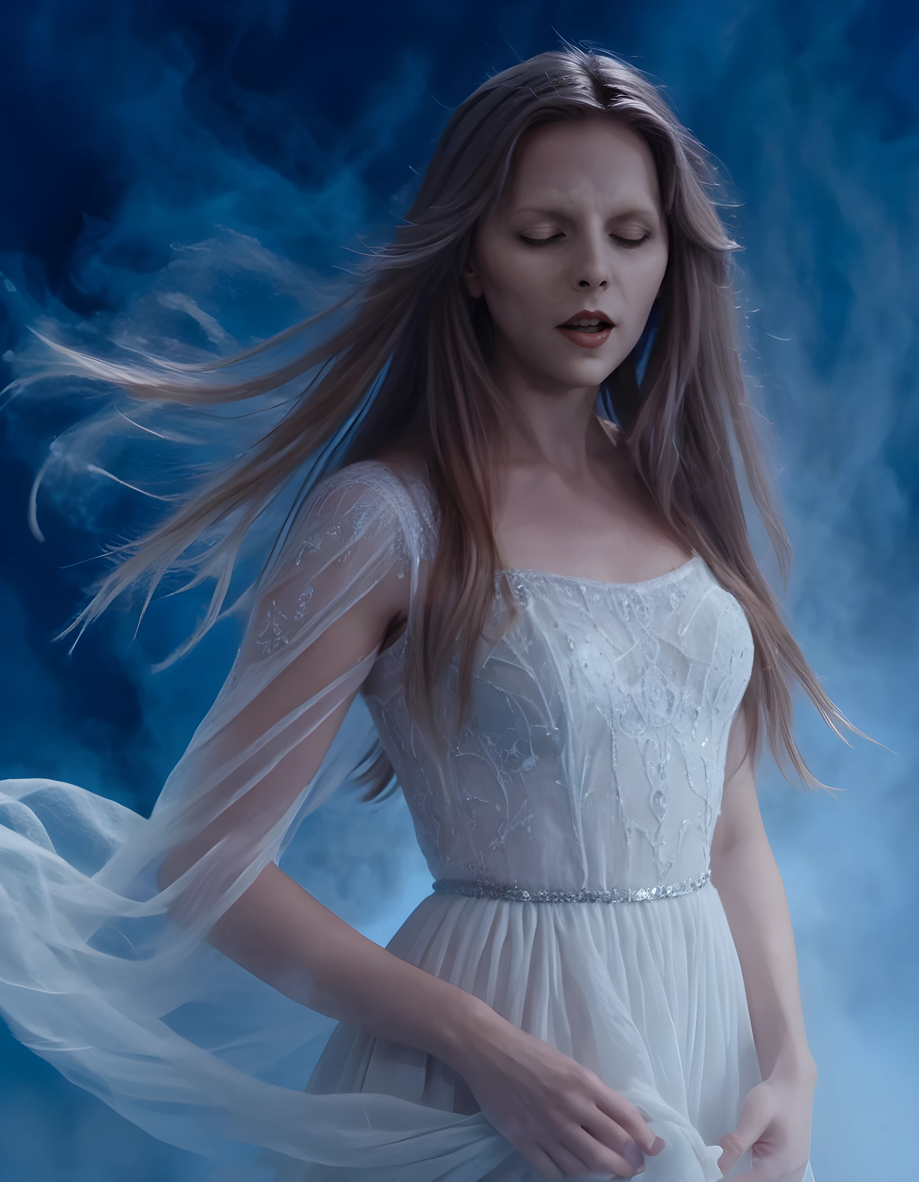 In a captivating, otherworldly scene, the ethereal figure of 4UR0R4, with cascading brown tresses that seem to dance around her face, stands serenely against an enigmatic blue backdrop. Her visage is illuminated by soft, ghostly light filtering through wisps of fog, creating a dreamlike atmosphere. She wears a pristine white dress that shimmers like moonlight, adorned with delicate silver threads that glint in the ethereal glow. With her eyes closed, lips slightly parted and pursed in a quiet reverie, she exudes an enigmatic, contemplative air. The simple background, devoid of any discernible details, allows the viewer's focus to remain squarely on this mysterious beauty, frozen in time within this hauntingly beautiful tableau.