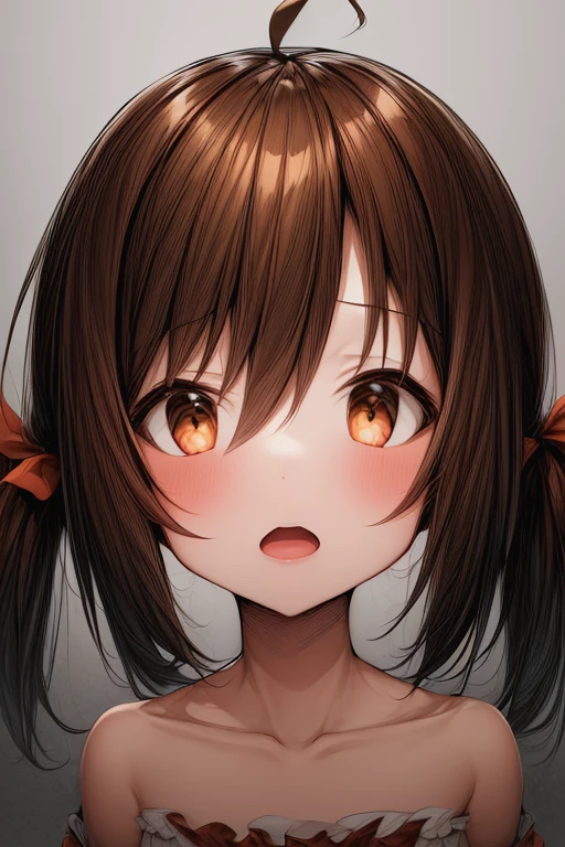 masterpiece_portrait, high quality, canvas, anime_art_stylearifureta shokugyou de sekai saikyou, suzu taniguchi, 1girl, solo, brown hair, anime coloring, detached sleeves, ahoge, bare shoulders, looking at viewer, twintails, brown eyes, collarbone, blush, upper body, open mouth, short hair, collarbone<lora:Suzu_Taniguchi:1> <lora:add_detail:0.6> <lora:hyperdetailer_v095:0.5>