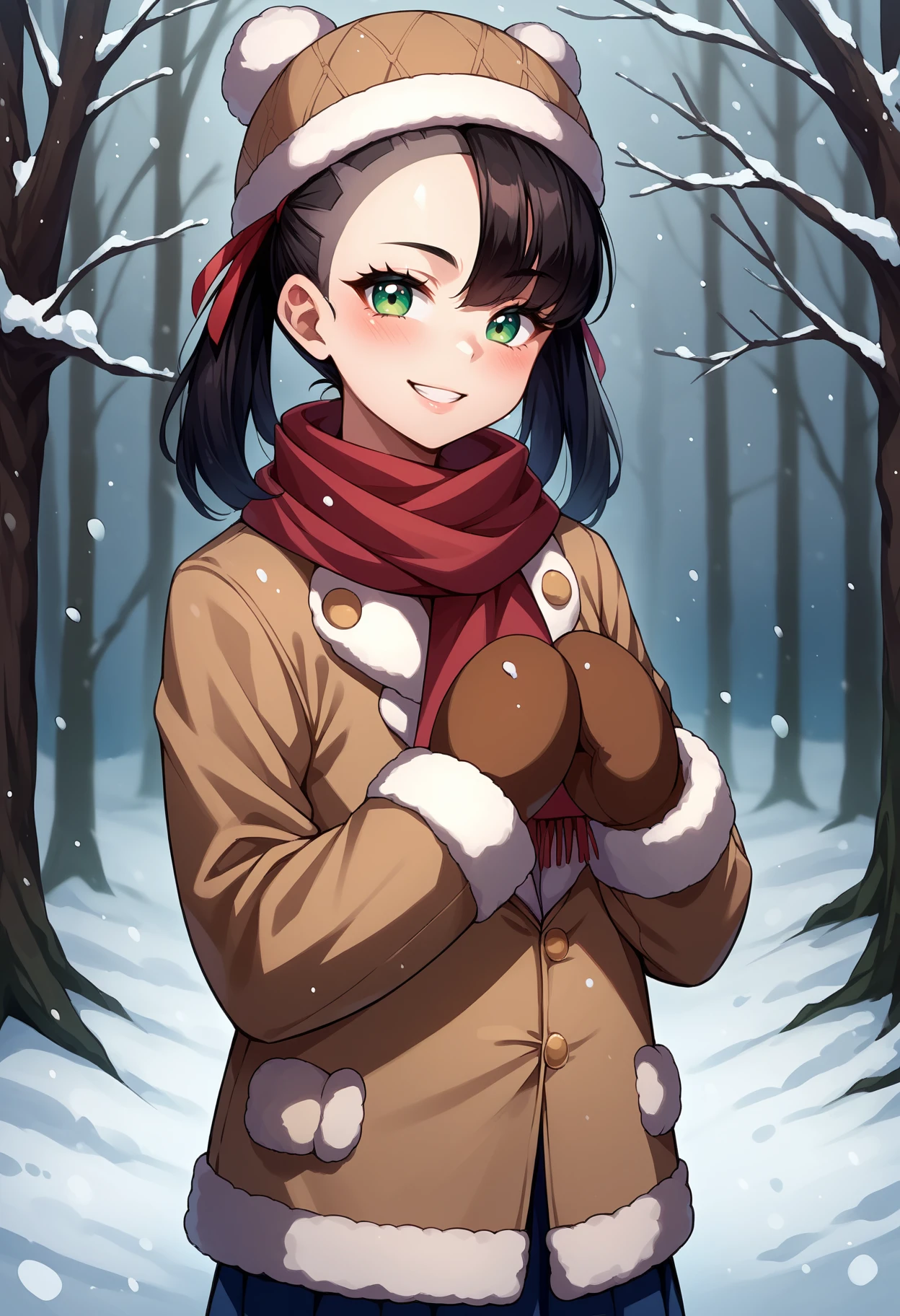 score_9, score_8_up,score_7_up, source_anime, rating_safe, 1girl, solo, <lora:EPpkMarnie:1>, black hair, hair ribbon, green eyes, twintails, asymmetrical bangs, red ribbon, 
Mary,
 woolly hat, brown headwear, scarf, mittens, puffy jacket, snowing, outside, in forest, looking at viewer, smiling, blush,