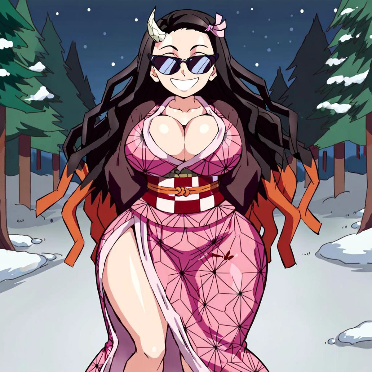 score 10, score 9, score 8 up, score 7 up, 1girl, sunglasses,  nezuko kamado, black hair, forehead, hair ribbon, long hair, multicolored hair, cleavage, japanese clothes, horns, kimono, sash, obi, single horn, pink kimono, checkered sash, orange hair, wavy hair, two-tone hair, huge breasts, wide hips, Sunnification, hands behind back,  round head, simple face, smile, narrow waist, outdoors, forest, snowy, night,