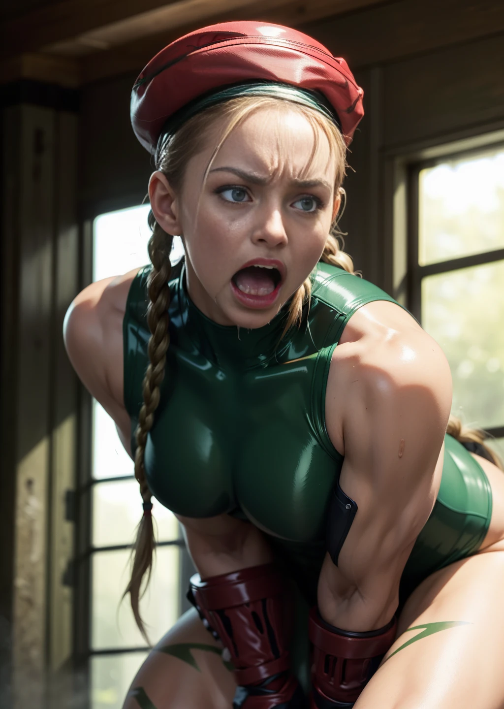 Cammy,blonde hair,blue eyes,long twin braids, looking at viewer, mouth open, tongue, tongue out, drool, drooling
ripped green leotard,chest harness,boots,small red beret,sleeveless, cameltoe, nsfw, slut
sitting, open legs, sexy pose, peace sign,
daytime, outside, crowded city street, sex with viewer, riding your dick, uncensored porn, sperm, cum
(insanely detailed, beautiful detailed face, masterpiece, best quality),