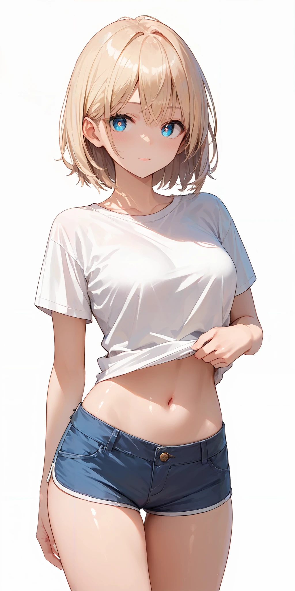 score_9, score_8_up, score_7_up,source_anime, high res image,masterpiece,best quality,girl,cute face,clear skin,shiny hair,ultra detailed eyes,simple background, <lora:hotpants_pony_V1.0:0.6> hotpants,white shirt