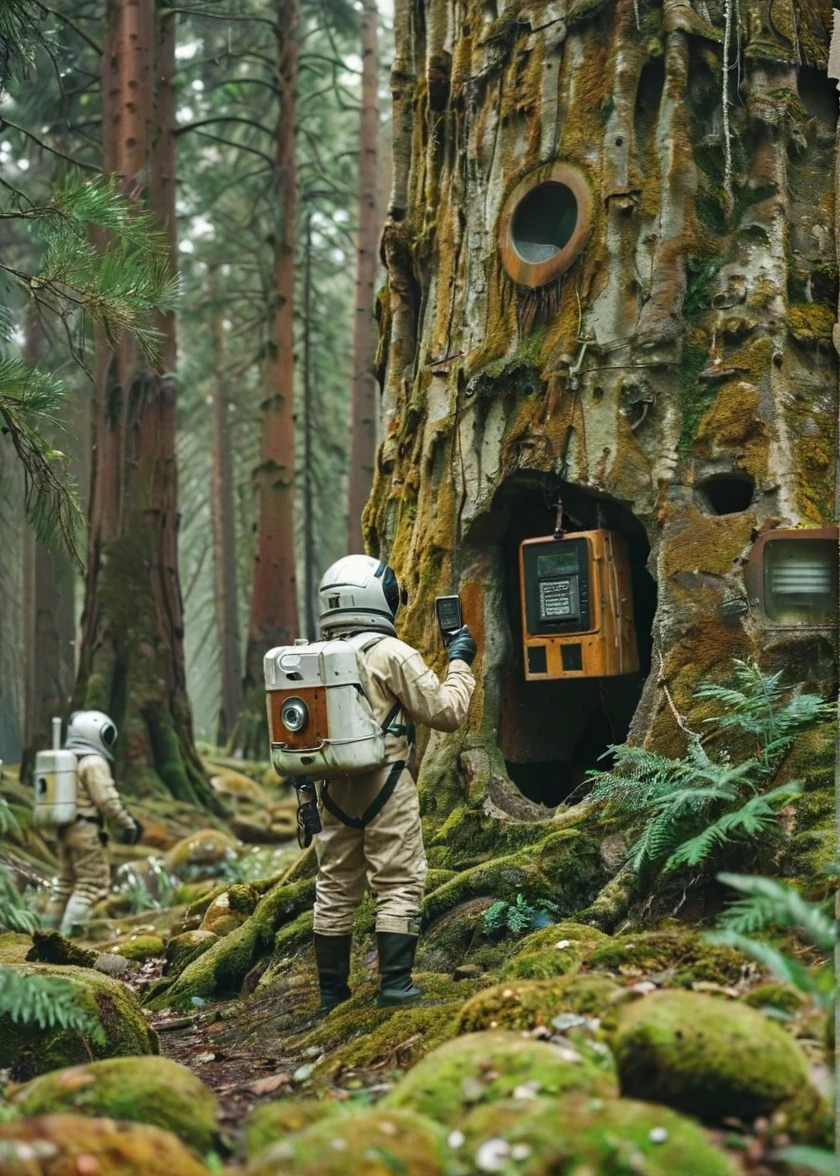 <lora:2024-06-19 - Old Space Station Artstyle - Oss Artstyle-step00003000:.9> oss artstyle Film still from a new  movie about a group of people on a treasure hunt.  is seen holding a walkie-talkie and standing next to a large, mossy tree.