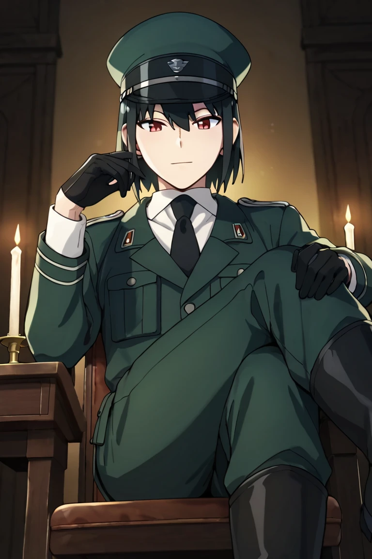 score_9,score_8_up,score_7_up,source_anime,1boy,solo,looking at viewer,Yuri Briar,black hair, red eyes,Military uniform,white shirt,Black necktie,peaked cap, close-up, Black gloves, chair, crossed_legs, pants, boots, dark, Candle, from below, step on<lora:EMS-404388-EMS:0.800000>