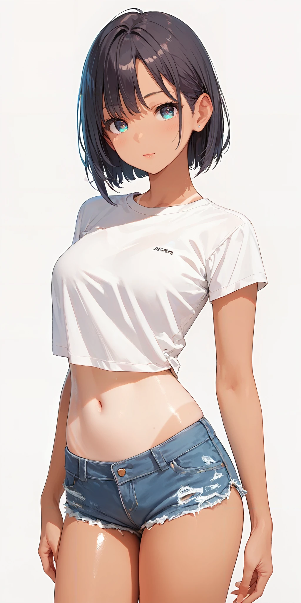 score_9, score_8_up, score_7_up,source_anime, high res image,masterpiece,best quality,girl,cute face,clear skin,shiny hair,ultra detailed eyes,simple background, <lora:hotpants_pony_V1.0:0.6> hotpants,white shirt <lora:suntan_V1.0:0.4> tanlines