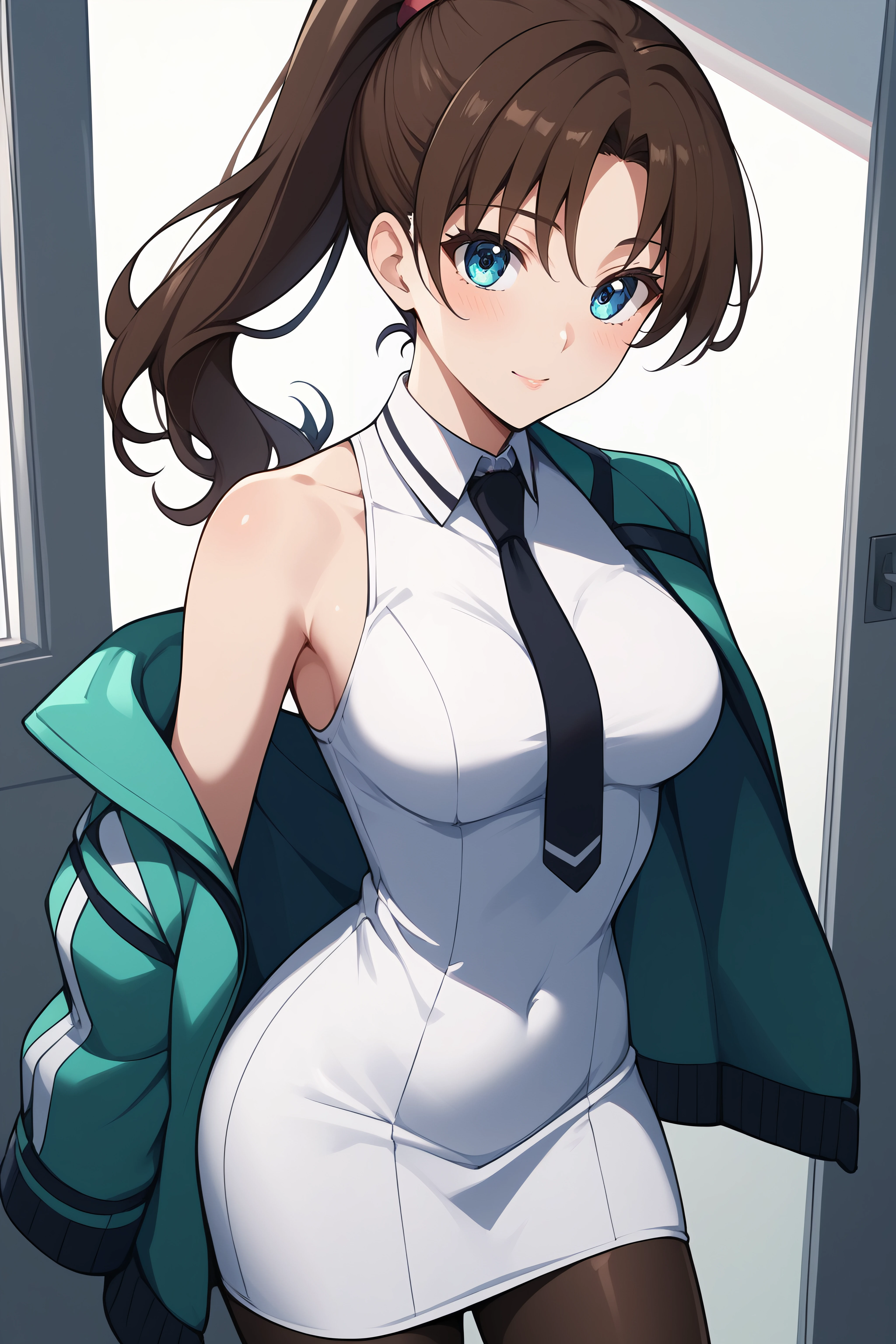 score_9, score_8_up, score_7_up, BREAK source_anime, <lora:sayaka mibu-PonyXL-lora-Faxtron:0.8> sayaka mibu, blue eyes, brown hair, high ponytail, medium breasts, cropped green jacket, long sleeves, white dress, necktie, pantyhose,