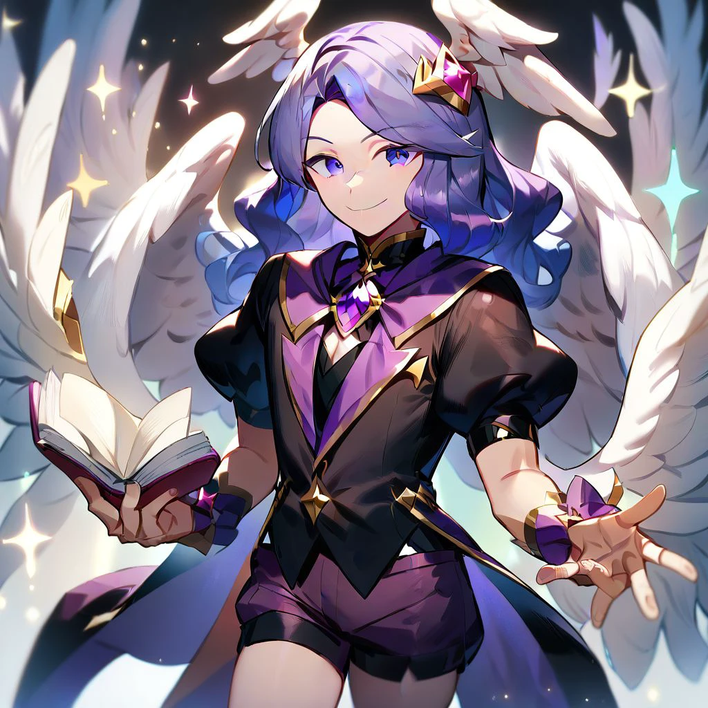 score_9,score_8_up,score_7_up,score_6_up,score_5_up,score_4_up,, solo, 1boy, male focus, magical boy, tailcoat, smile, short sleeves, puffy sleeves, puffy shorts,  shorts, wrist cuffs, hair ornament, jewel, angel wings, book, holding, holding book, open book, cape, long hair, wavy hair, purple hair, purple eyes,