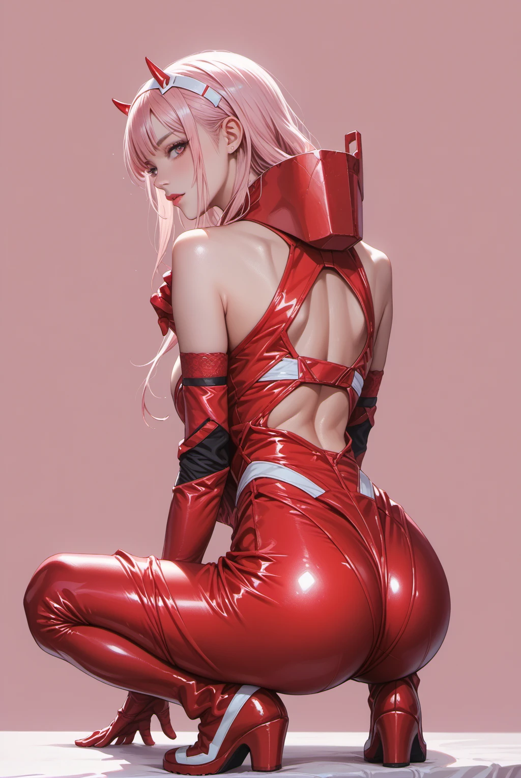 score_9,score_8_up,score_7_up,solo,future0620,Red elbow gloves,Headbands,horn,Red latex tights,Thigh boots,<lora:future0620-Red latex tights:1>,pink background,squatting,from behind,