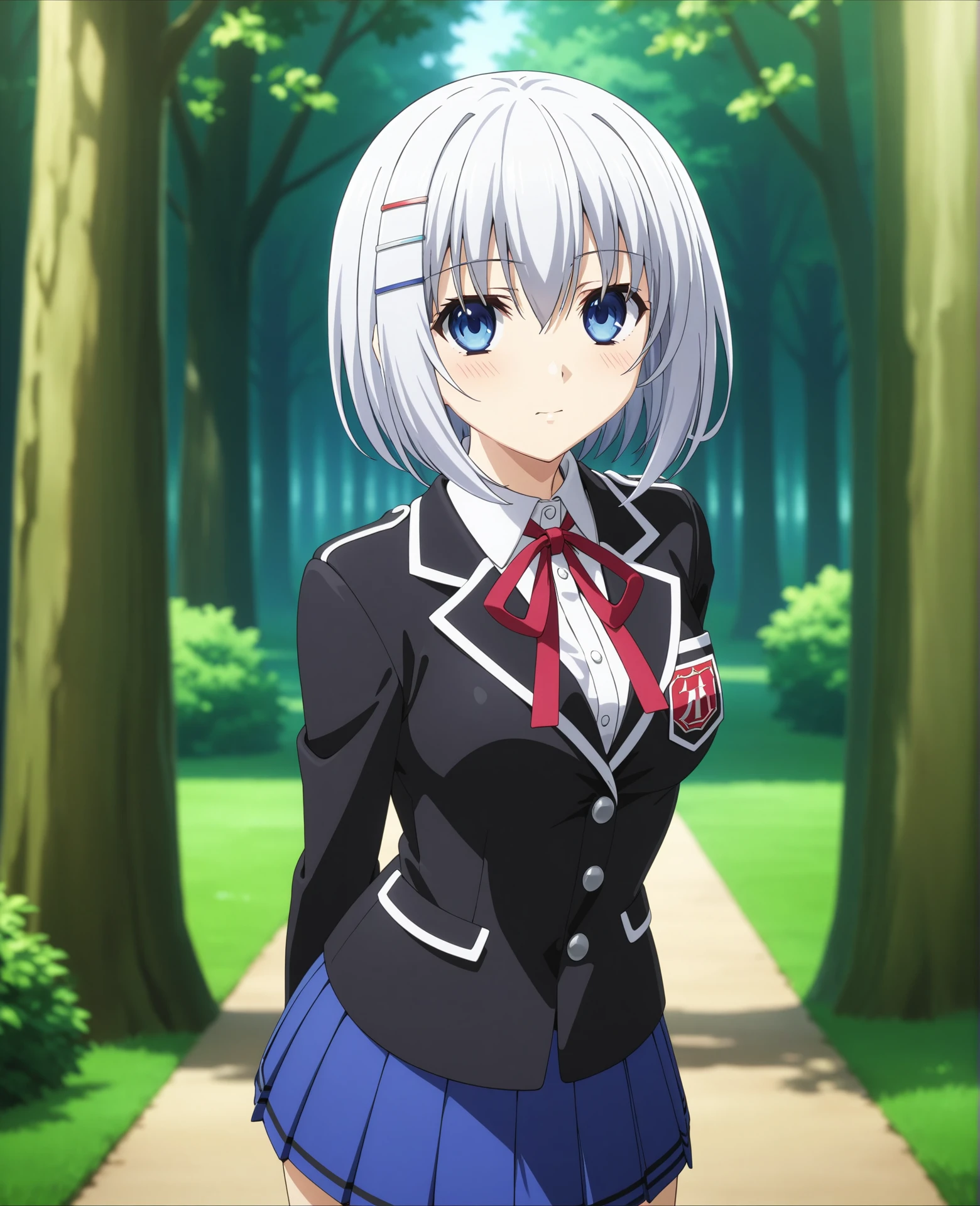 score_9, score_8_up, score_7_up, BREAK source_anime, best quality, masterpiece, (masterpiece, best quality, very aesthetic, ultra detailed), intricate details, official style, anime, 2d,
aiorigamischool, 1girl, solo, blush, white hair, grey hair, short hair, bangs, blue eyes, hair between eyes, tobiichi origami, hairclip, 
breasts, medium breasts, skirt, shirt, long sleeves, ribbon, school uniform, jacket, white shirt, pleated skirt, collared shirt, red ribbon, blue skirt, black jacket, dress shirt, neck ribbon, blazer,
cowboy shot, looking at viewer, outdoors, arms behind back, forest, <lora:Origami_XL:1>, <lora:add_details_xl:0.5>,