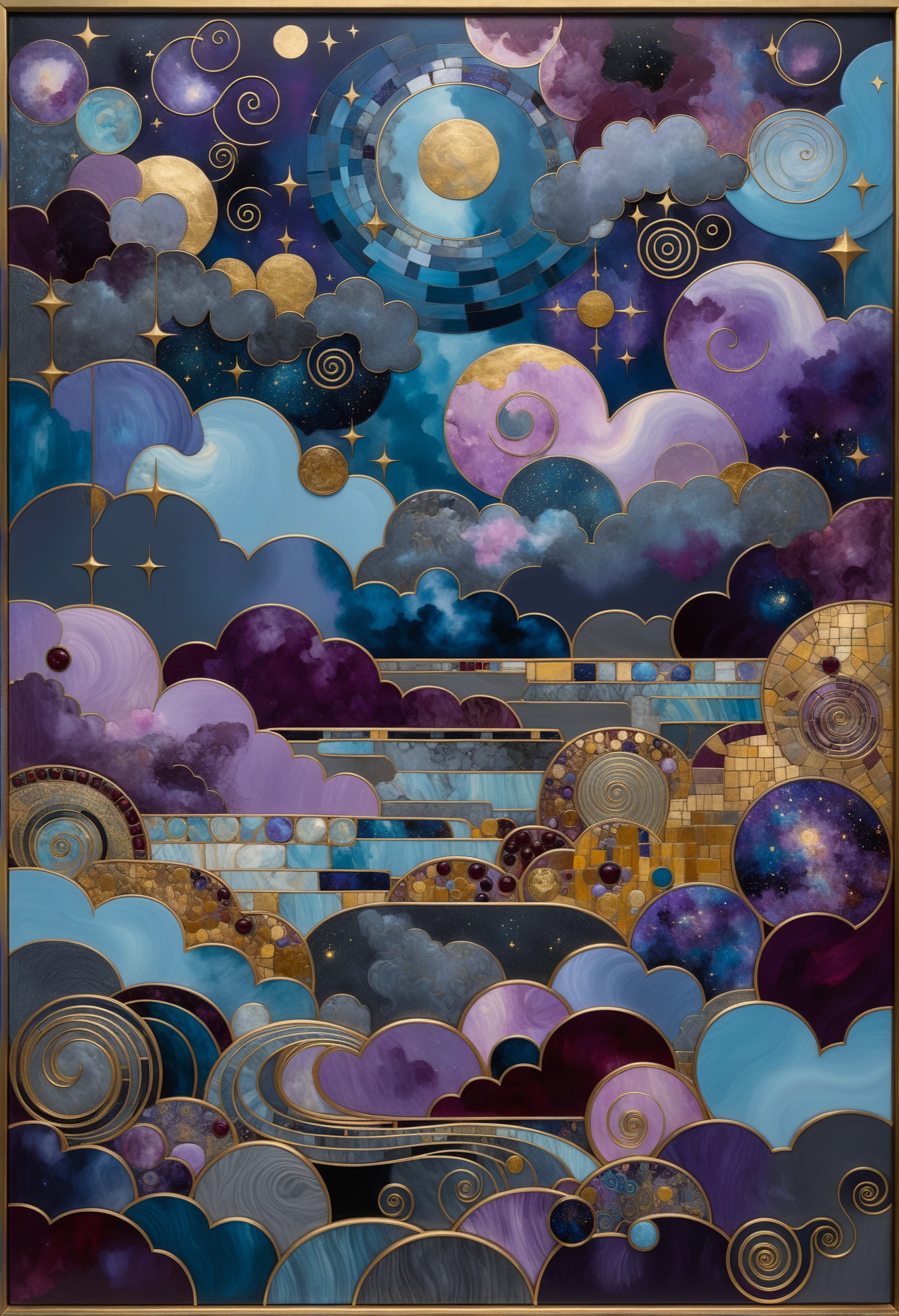 Masterpiece, abstract art, night sky with clouds by Bradley Walker Tomlin, Gustav Klimt, (shades of gray, light-blue, violet, gold, plum, cherry colors), insanely detailed, intricate, studio photo quality <lora:BlurXL:-2> <lora:Wildcard-Detail_Enhancer:1> <lora:Grainy-v1:0.3>