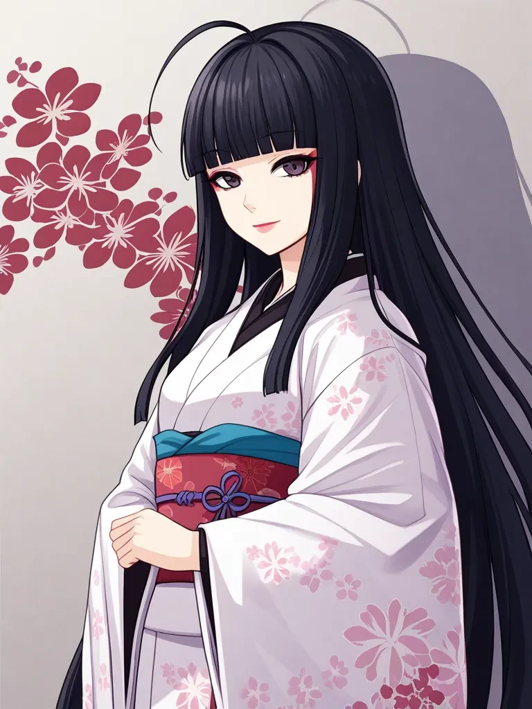 1girl, ahoge, black hair, black shirt, blunt bangs, closed mouth, expressionless, floral print, holding, japanese clothes, lipstick, long hair, looking at viewer, makeup, obi, obiage, pink and white kimono, sash, shadow, shirt, smile, solo, very long hair, wide sleeves
