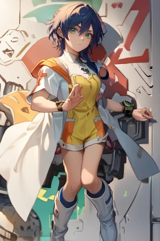 <lora:Bakugan_Fabia_Sheen-10:1> , fabia_Sheen, blue_hair, long_hair,  green_eyes, pink ear rings, white_coat, bare_shoulder, yellow_shirt, short_sleeves, shorts, yellow_shorts, orange_patches,blue thighhigh socks, white boots, wristwatch,, , score_9, score_8_up, score_7_up, source_anime, detailed, high quality, beautiful, masterpiece,