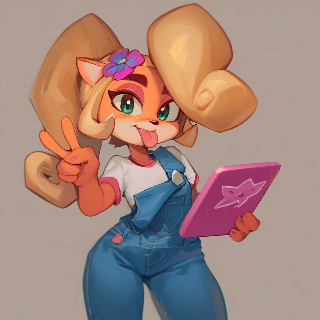 <lora:Coco_Bandicoot:1>, BREAK
Score_9, score_8_up, score_7_up, score_6_up, Coco Bandicoot, overalls, clothed, holding pink tablet, tongue out, looking at viewer, peace sign, by wamudraws, by kempferzero <lora:Wamudraws:0.5>