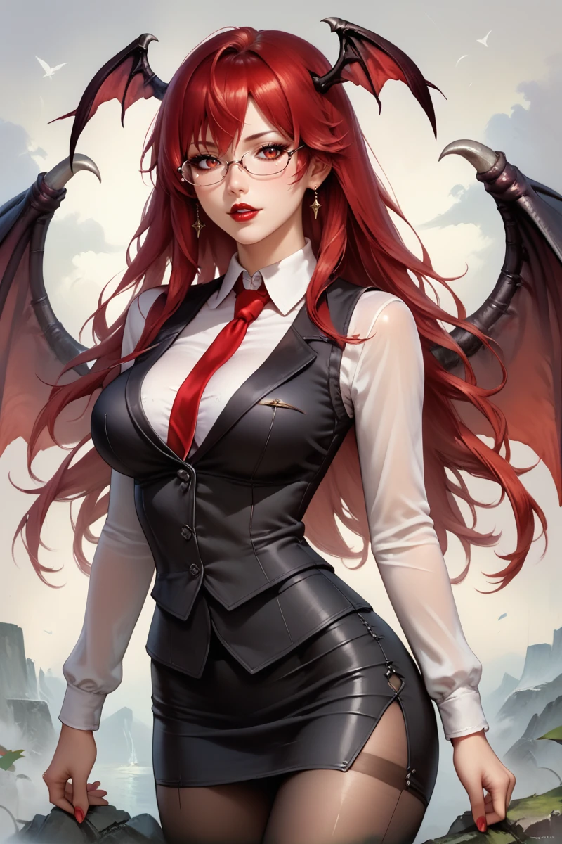 score_9, score_8_up, score_8, score_9, 1 girl,  source_anime,  <lora:koakuma_pony-10:1>, koakuma, red hair red eyes, wings, head wings, black vest, black skirt, white shirt, red tie, sexy, large breasts, straight hair, black pantyhose,  <lora:Concept Art Eclipse Style LoRA_Pony XL v6:0.8>, lipstick, parted lips, glasses,  <lora:hud_gds_styl_XLP:0.5> hud_gds_styl