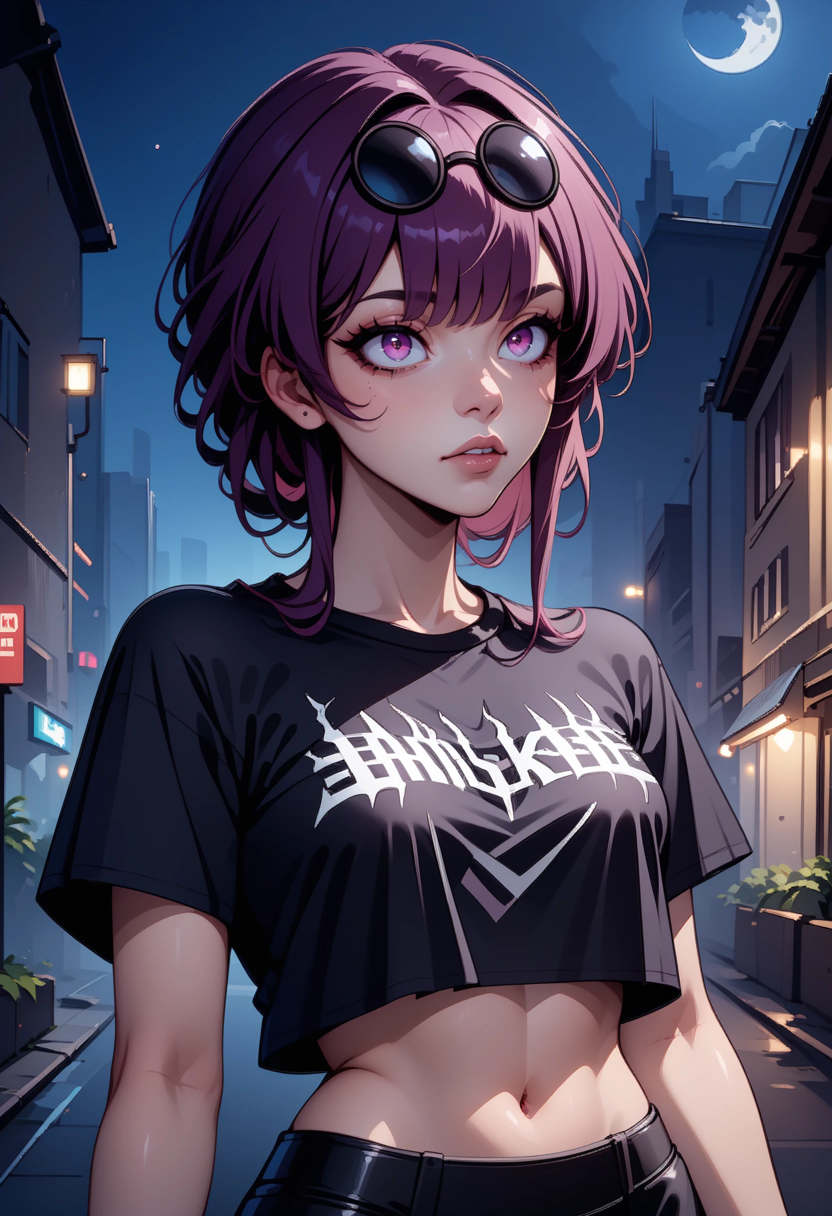 score_9, score_8_up, score_7_up BREAK solo, 1girl, clamKafka, purple hair, eyewear on head, EPblackmetalprint, wearing EPblackmetalprint, black t-shirt, crop top, outdoors, night, dark <lora:EPblackmetalprint:1> <lora:clamKafkaPDXL:1>