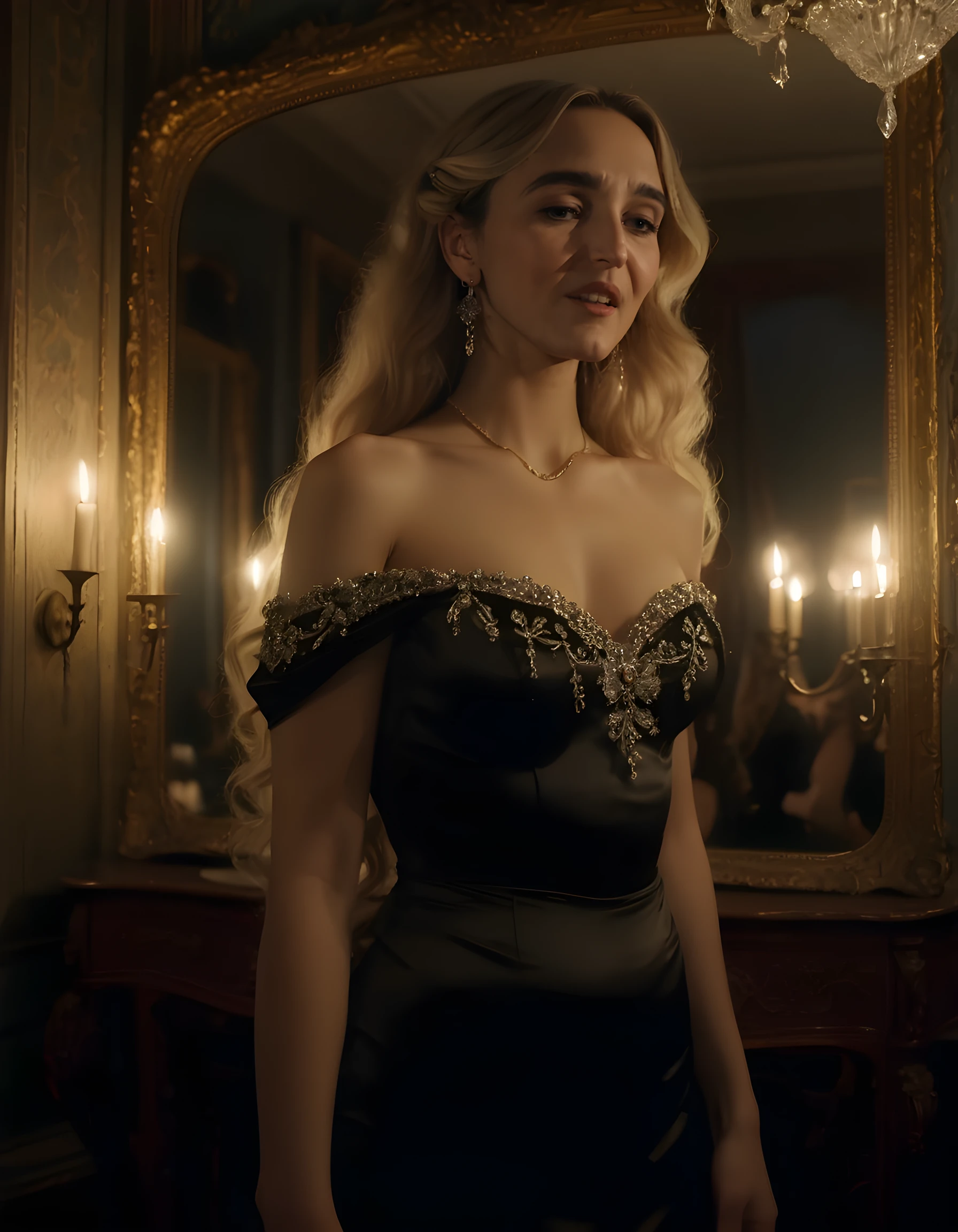 In a dimly lit, Victorian-era parlor, the ethereal CF1n3M stands before an ornate mirror, her long blonde hair cascading in loose waves down her back, adorned with intricate silver earrings that catch the flickering candlelight. Her black dress, cut low to reveal bare shoulders and delicately embellished, clings to her slender figure, accentuating the curve of her hips. A heavy gold necklace rests upon her bare neck, catching the eye as she turns slightly, her brown eyes reflecting a mix of mystery and allure, her lips parted subtly to reveal perfectly white teeth. The camera captures this enchanting moment from a low angle, emphasizing the dramatic sweep of her gown and creating an intimate, almost voyeuristic atmosphere.