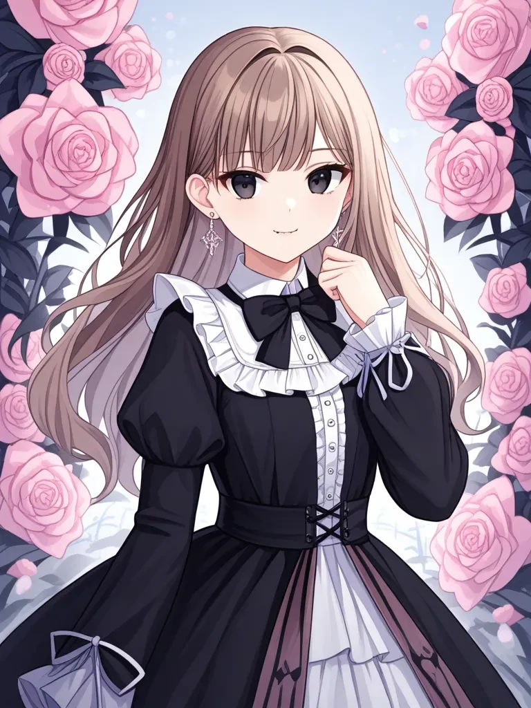1girl, black bow, black bowtie, black dress, black eyes, black ribbon, bow, bowtie, brown hair, closed mouth, dress, earrings, fang, flower, frilled dress, frills, hand up, jewelry, light blue hair, long hair, long sleeves, looking at viewer, neck ribbon, pink flower, ribbon, solo, upper body