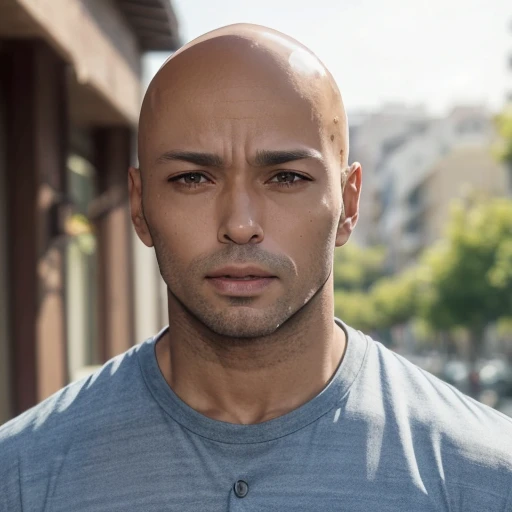 1boy, man, ericjudor, male focus, portrait, focus on face, solo, surprised, looking at the viewer, outdoors background, shirt, blurry background, bald, <lora:Eric_Judor:1>