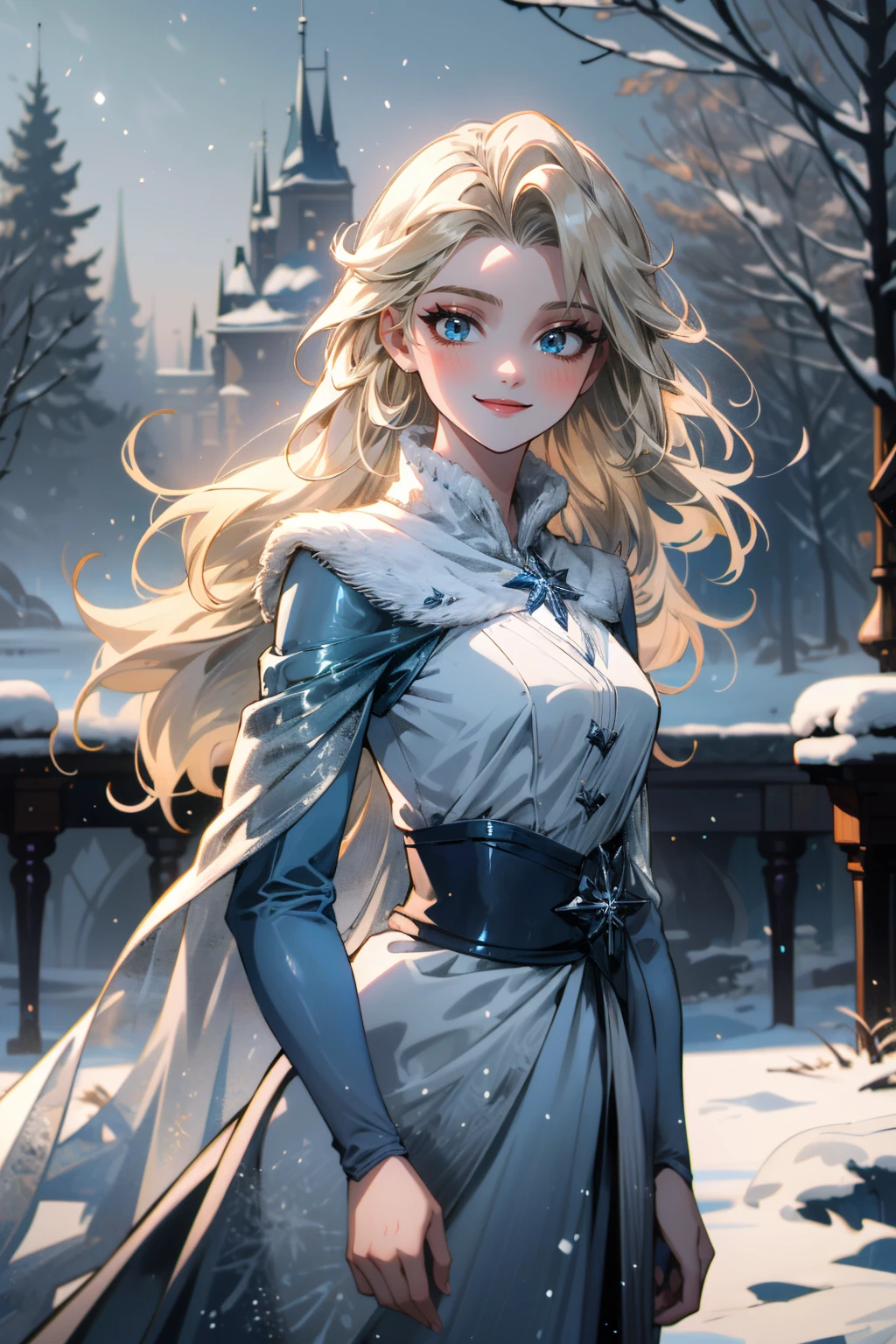 ((ultra detailed, masterpiece, absurdres))
 <lora:DisneyElsa:0.8>
DisneyElsa, 1girl, long hair, blonde hair, looking at viewer, in a winter wonderland, cowboy shot, winter clothing, smile