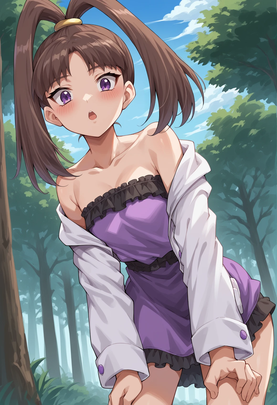 1girl, Brown hair, high ponytail, purple eyes, jewelry, short dress, purple dress, Pink coat, bent over, outdoors, forest, hand on hair, chestnut mouth, blushing, from below, off shoulder <lora:Nene__Akari_Pony:1>, score_9, score_8_up, score_7_up, score_6_up, score_5_up, score_4_up, BREAK source_anime, masterpiece