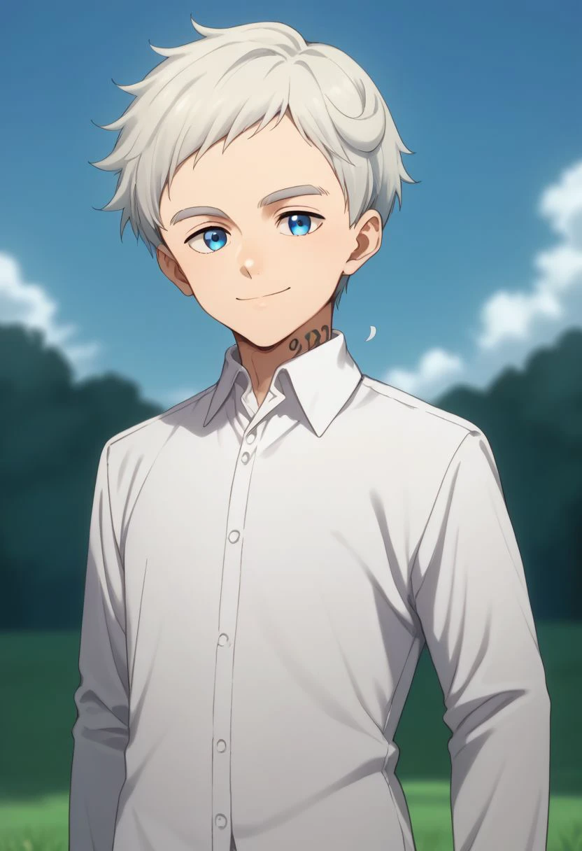 score_9, score_8_up, score_7_up, source_anime, highly detailed, 
norman, 1boy, blue eyes, male focus, shirt, solo, white shirt, white pants, smile, looking at viewer, upper body, collared shirt, grey hair, short hair, closed mouth, number tattoo, neck tattoo,
outdoor, grass, sky,