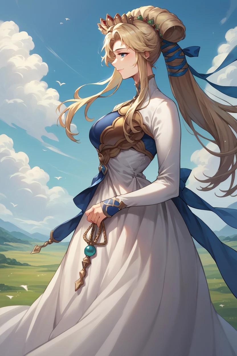 score_9, score_8_up, score_7_up, score_6_up, source_anime, 1girl, solo,  <lora:fenyna-pdxl-nvwls-v1-000005:1>  fenyna, blonde hair, hair ribbon, crown, white dress, long dress, long sleeves, large breasts, profile, looking at you, smile, blue sky, clouds, wind